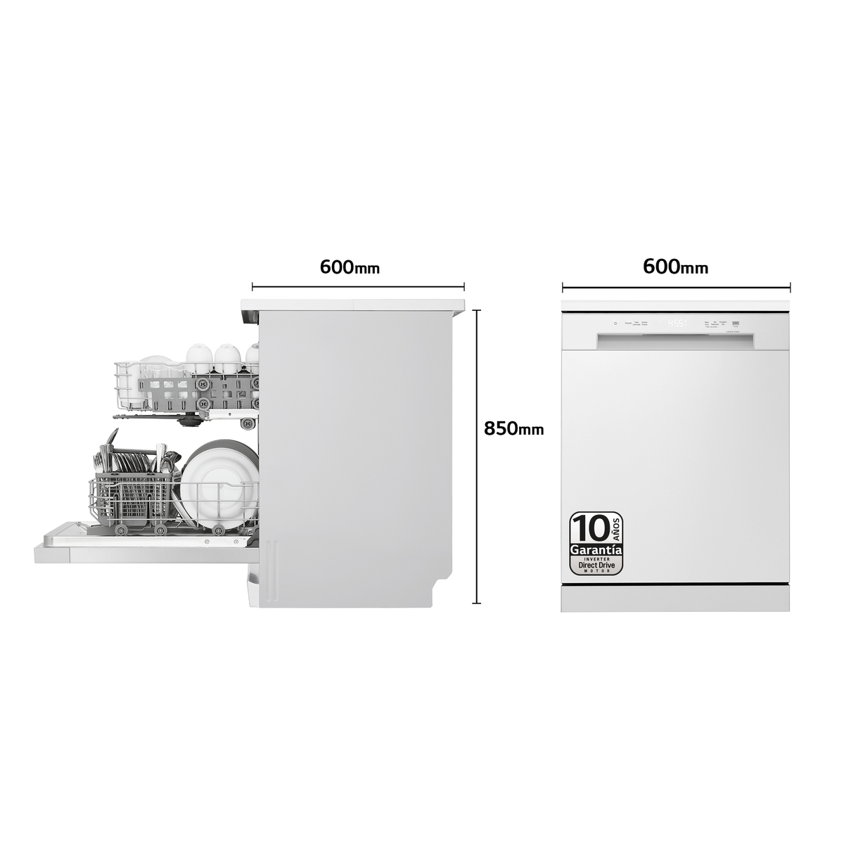 Lavastoviglie bianca con dimensioni: 600mm larghezza, 850mm altezza. Porta aperta.