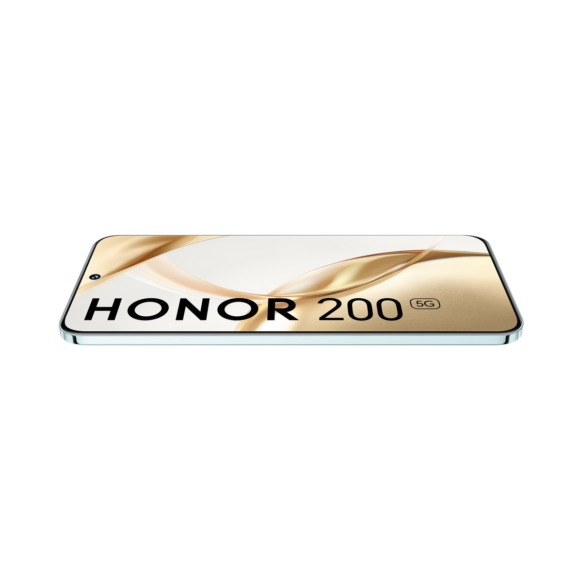 Teléfono Honor 200 5G, dorado y negro, sobre fondo negro.