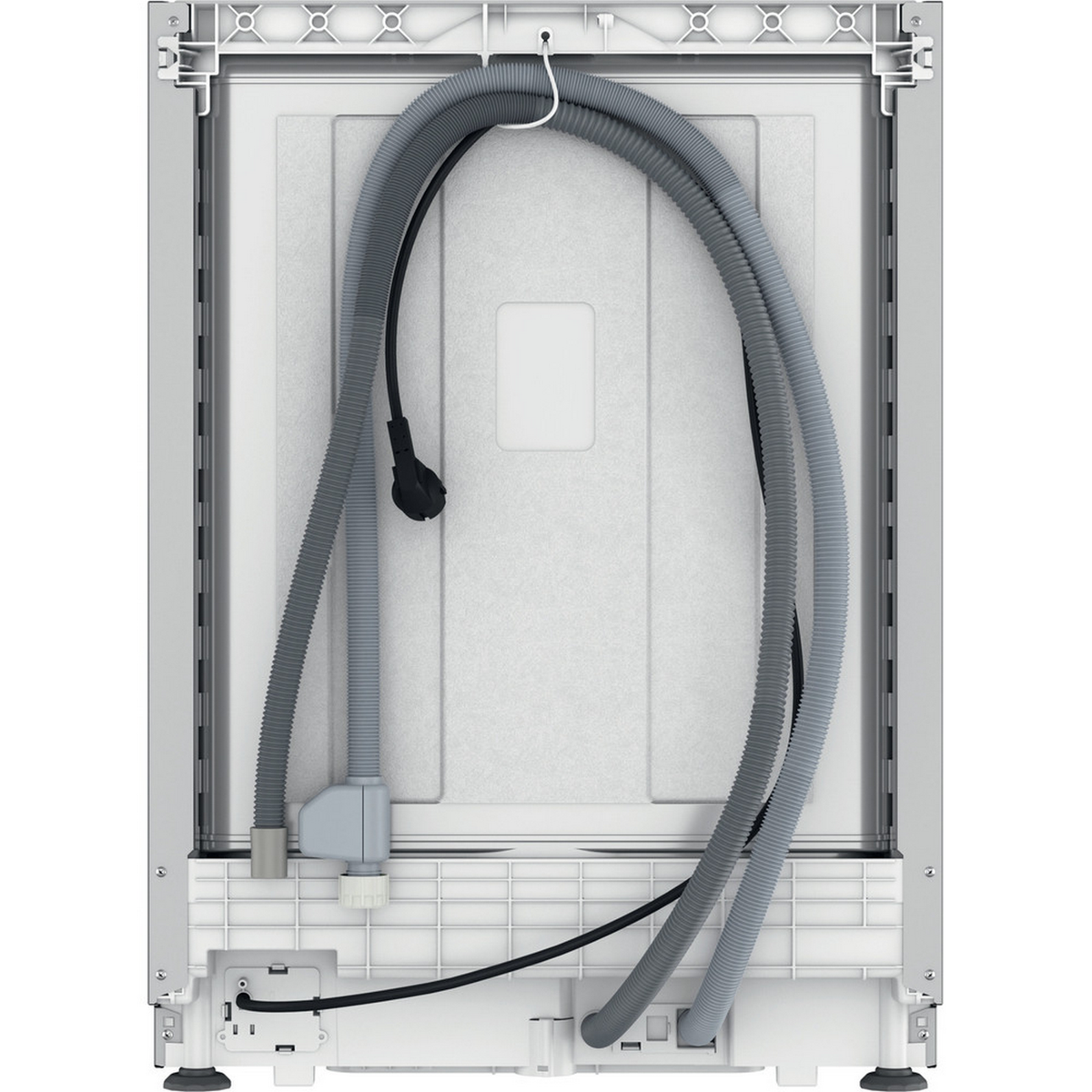 Back view of a white dishwasher with hoses and power cord visible. White background.