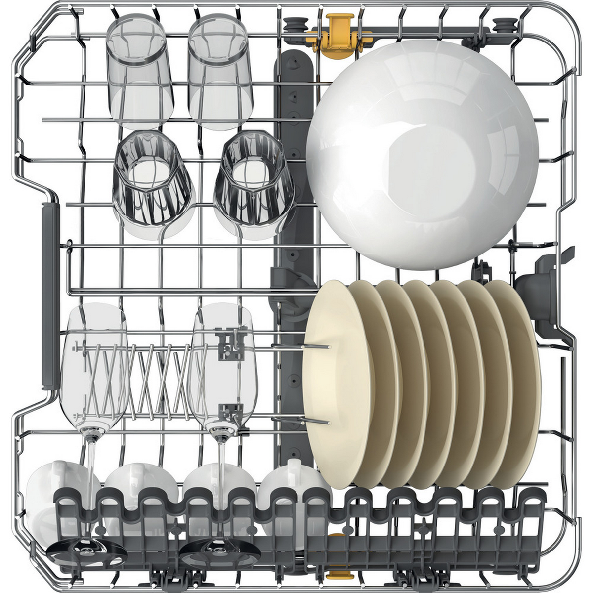 Dishwasher rack loaded with dishes, glasses, and bowls. Arranged in the rack.