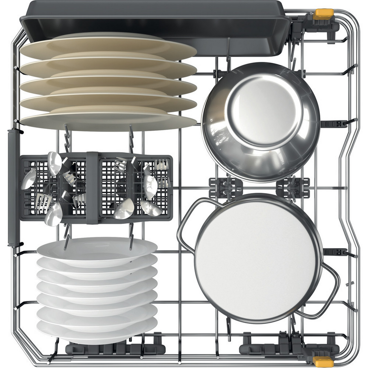 Dishwasher interior with clean plates, bowls, and utensils in racks.