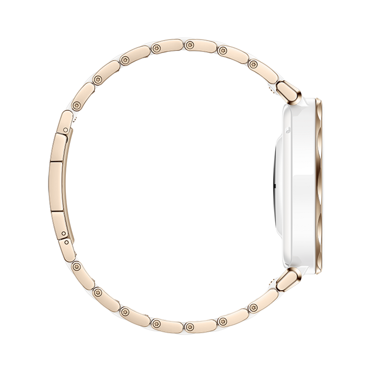 Widok z boku złotego zegarka z białą tarczą i złotą bransoletą.