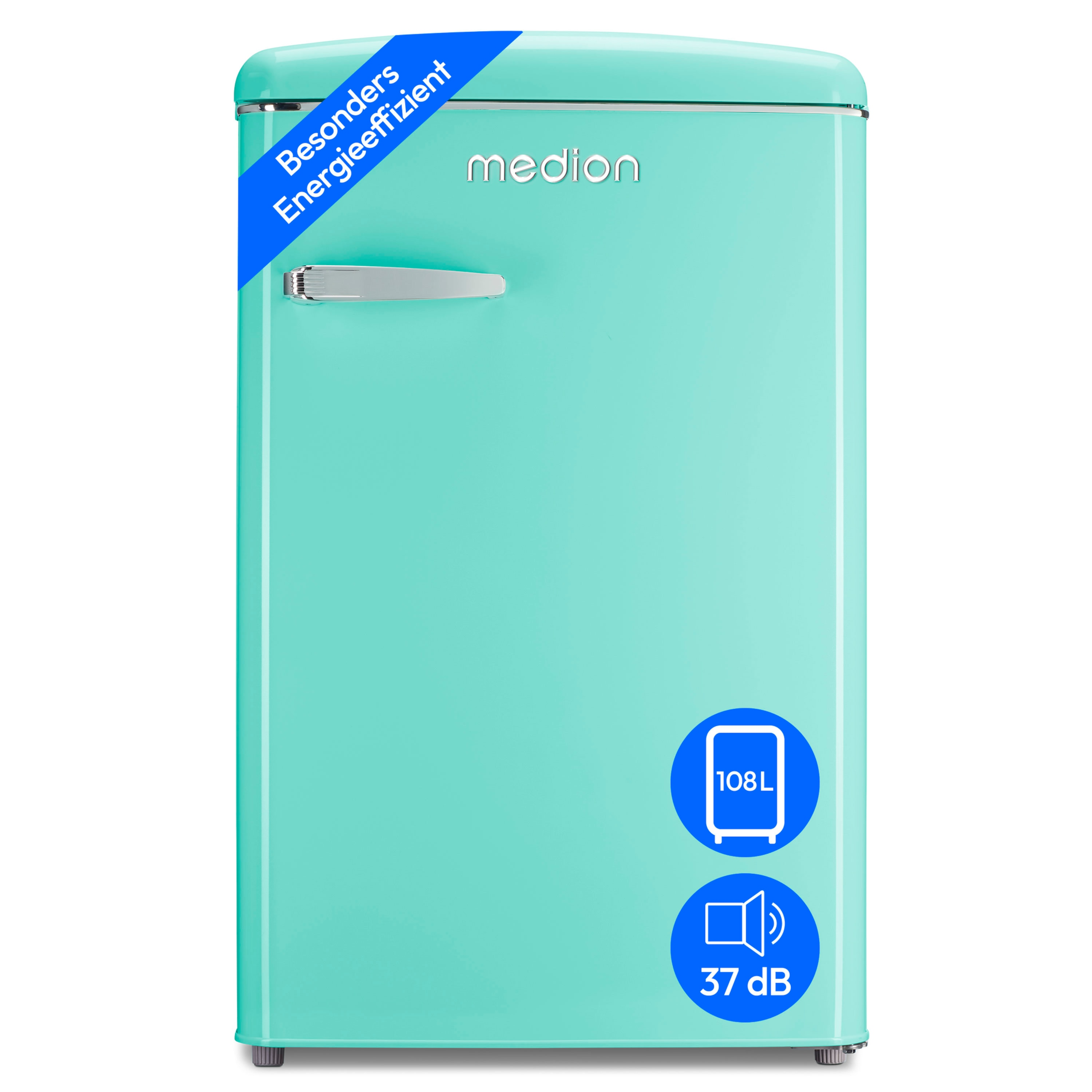 Minzkühlschrank mit blauem Aufkleber. Weißer Hintergrund. 108L Kapazität, 37 dB Geräuschpegel.