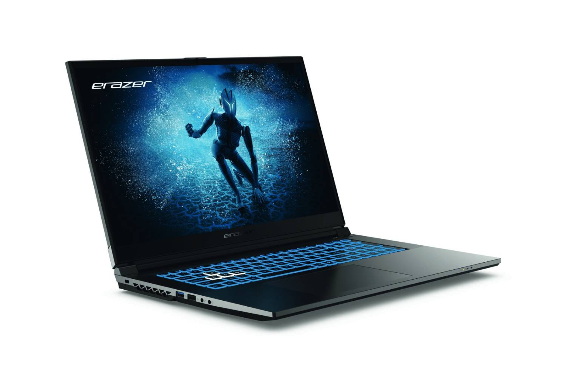 Laptop negro, abierto, mostrando pantalla con imagen futurista y teclado azul.