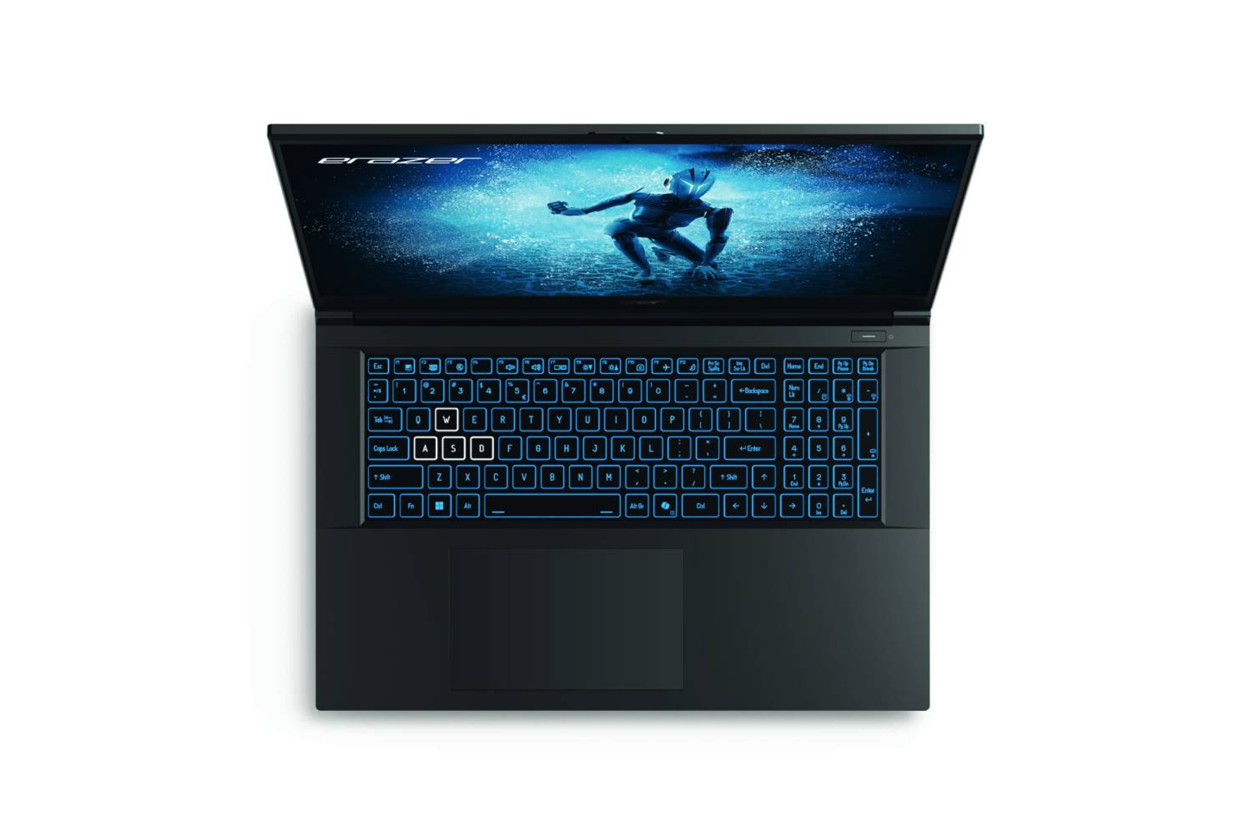 Laptop con pantalla abierta mostrando una imagen azul. El teclado está iluminado con luz azul.