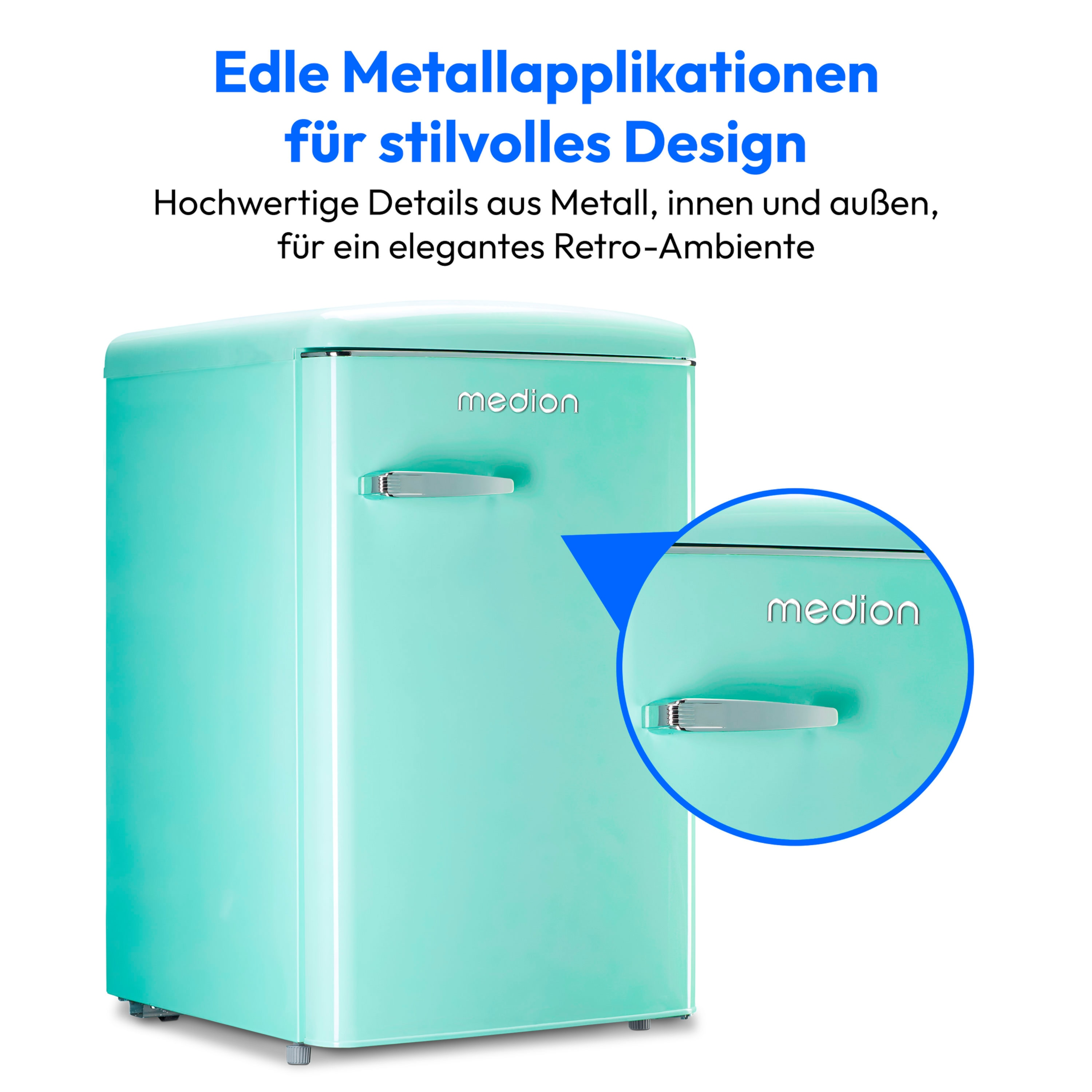 Ein türkisfarbener Retro-Kühlschrank mit silbernem Griff und der Marke "medion" wird angezeigt.