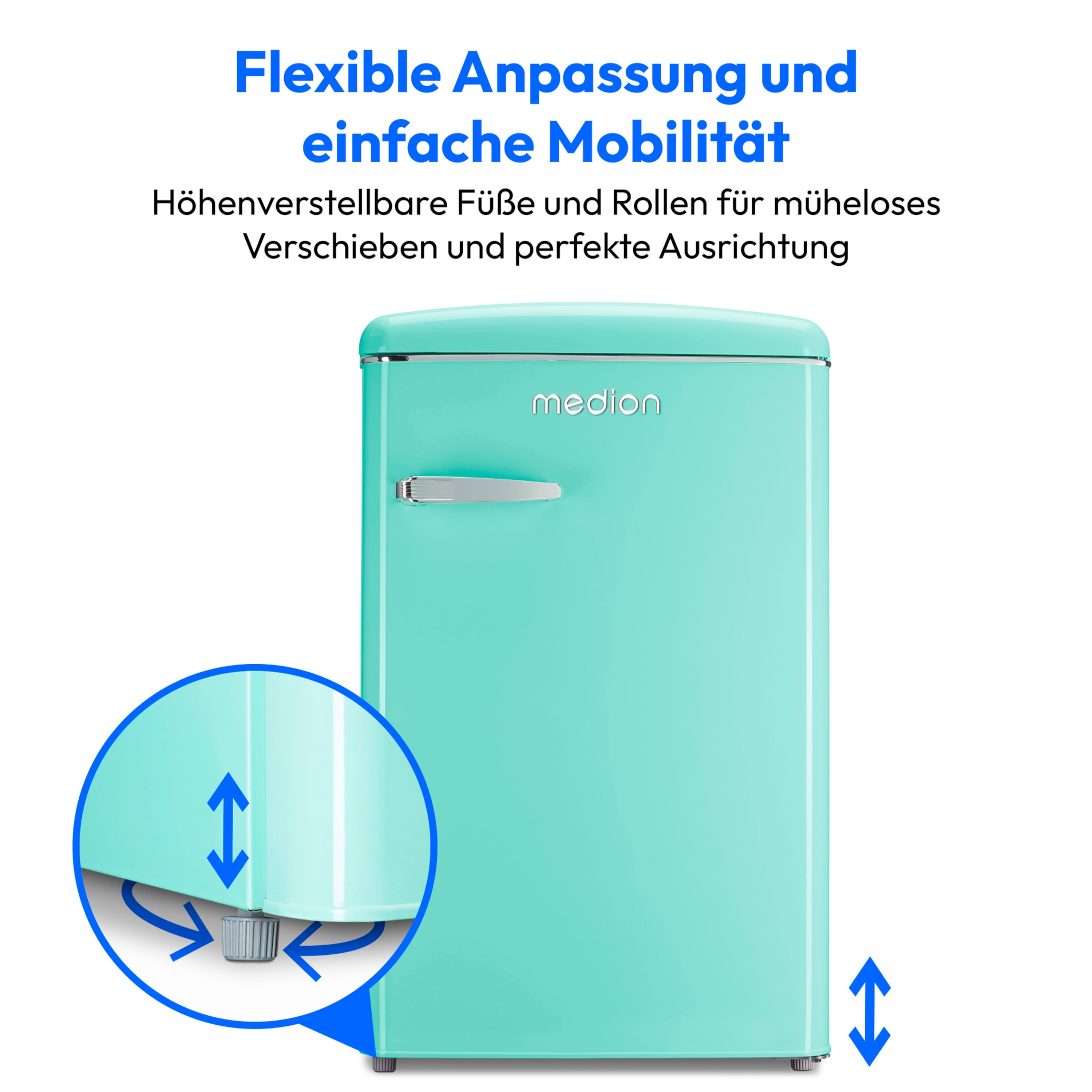 Ein teal Retro-Kühlschrank mit Medion-Logo. Verstellbare Füße und deutscher Text.