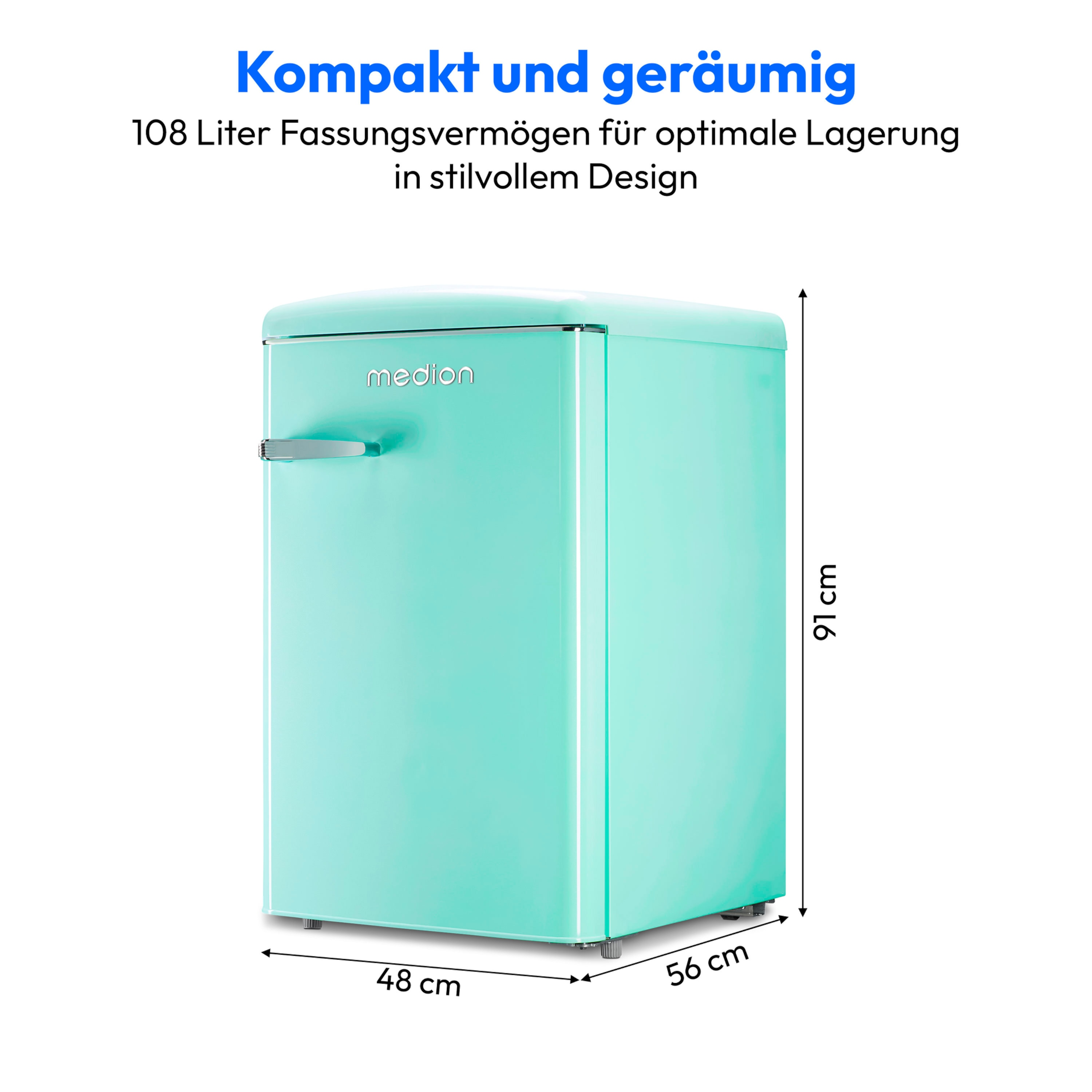Minikühlschrank in Mintgrün, Abmessungen angezeigt, weißer Hintergrund mit Text.