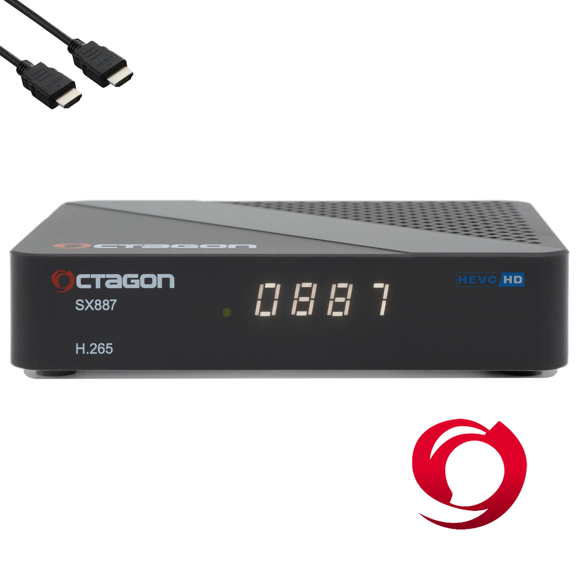 Schwarzer Octagon SX887 Receiver mit Digitalanzeige '0887' und HDMI-Kabeln.