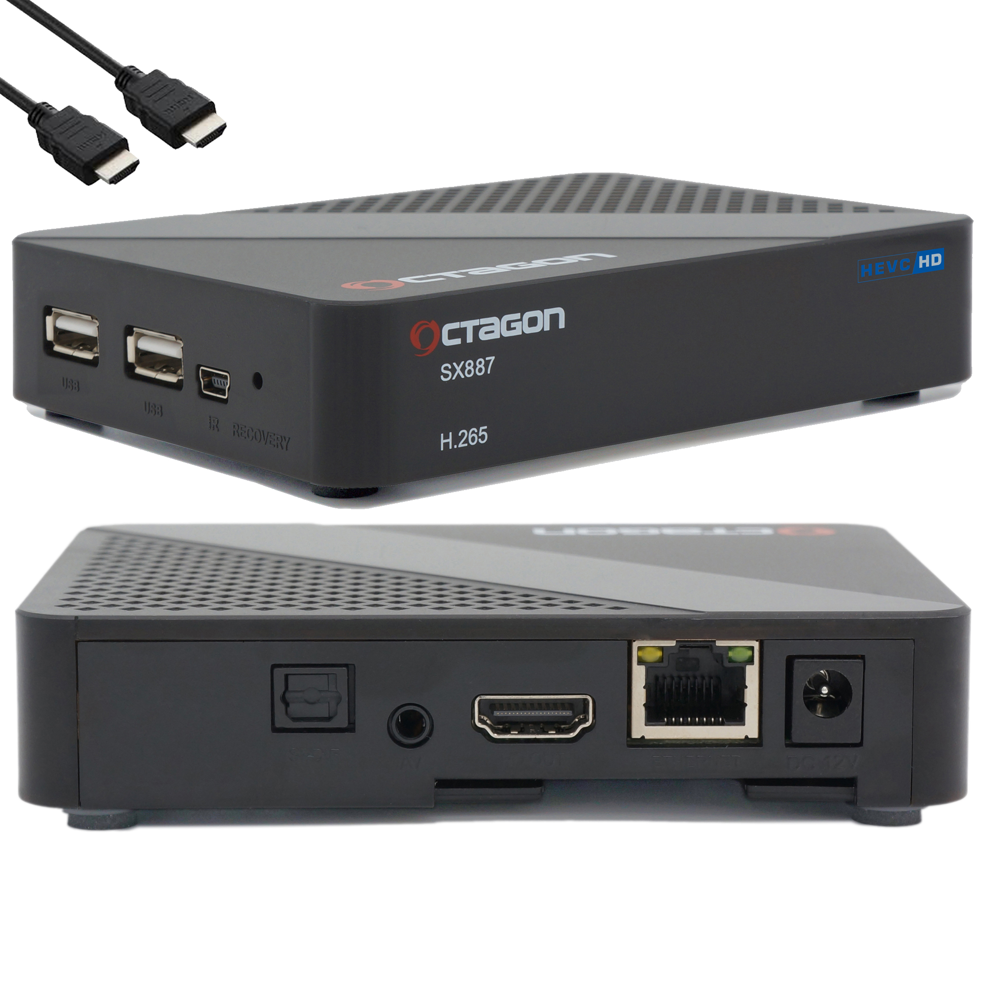 Schwarze TV-Box mit zwei USB-Anschlüssen, HDMI und einem Etikett. Zwei HDMI-Kabel oben.