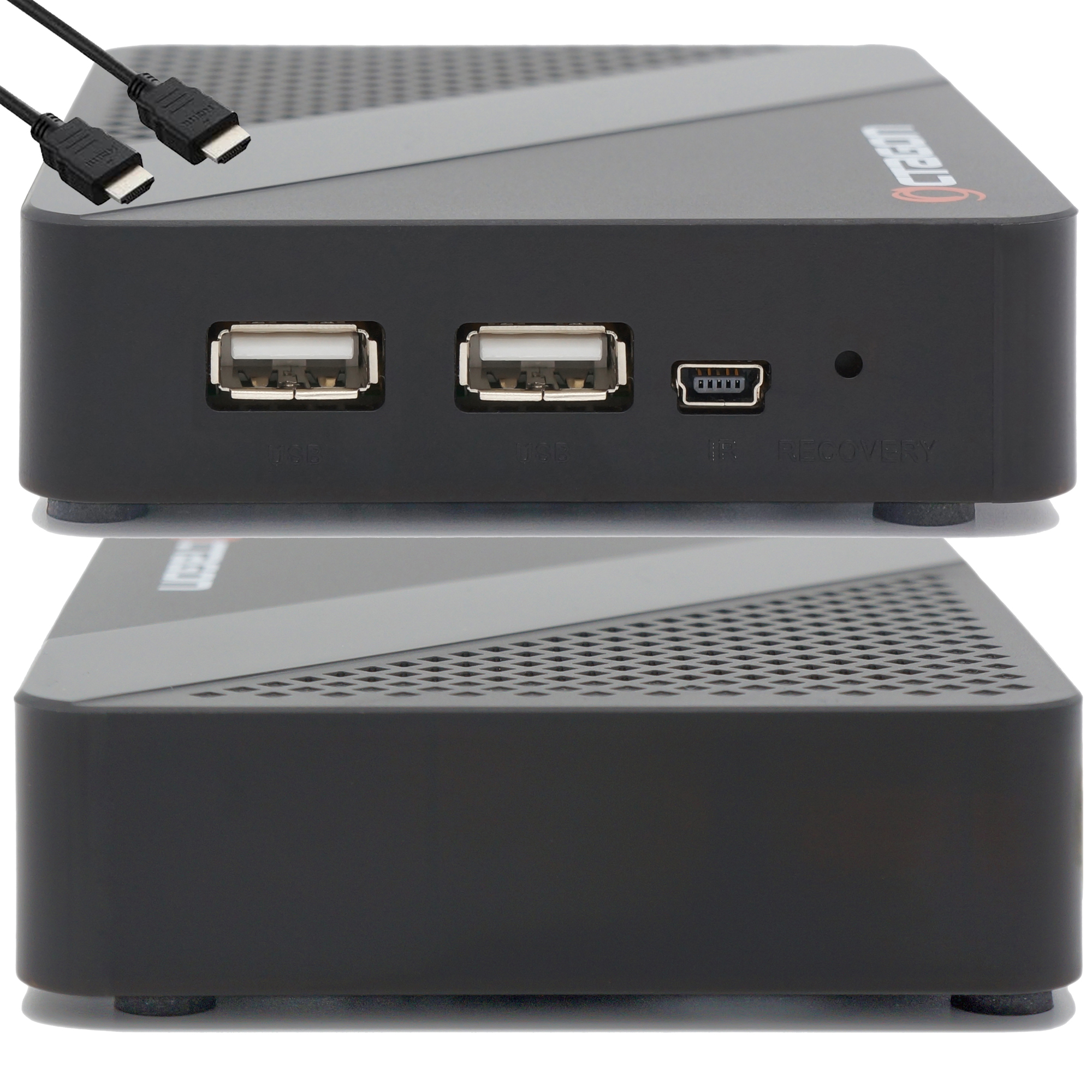 Schwarzes Gerät mit mehreren Anschlüssen und USB-Kabeln. Weißer Hintergrund.