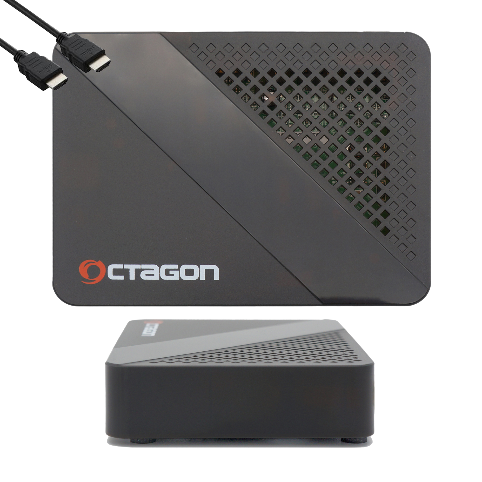 Schwarzes Octagon-Gerät. HDMI-Kabel sind angeschlossen. Es liegt auf weißem Hintergrund.