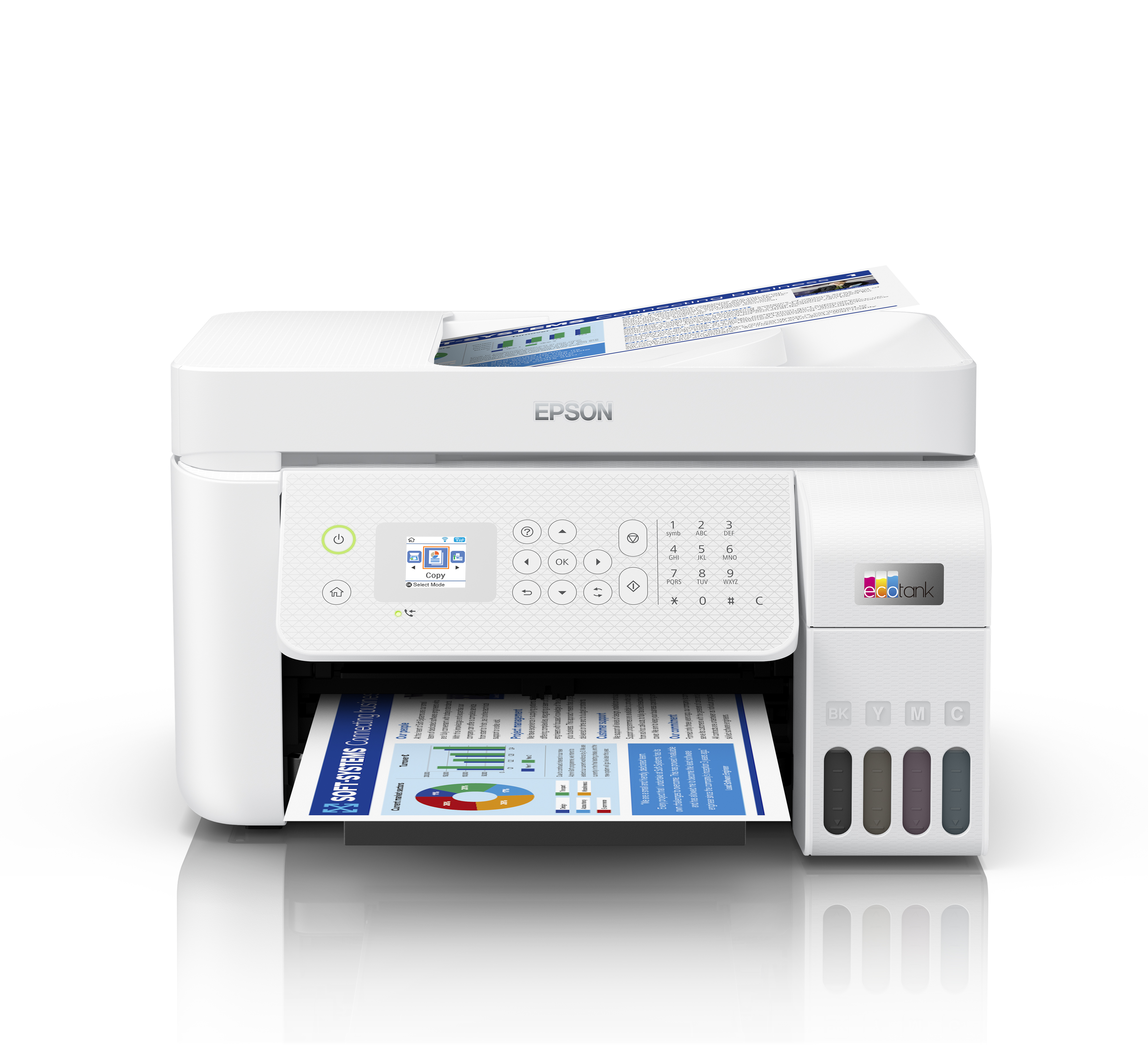 Açık üst tepsili beyaz Epson yazıcı. Bir belge yazdırılıyor. Mürekkep tankları sağ tarafta.
