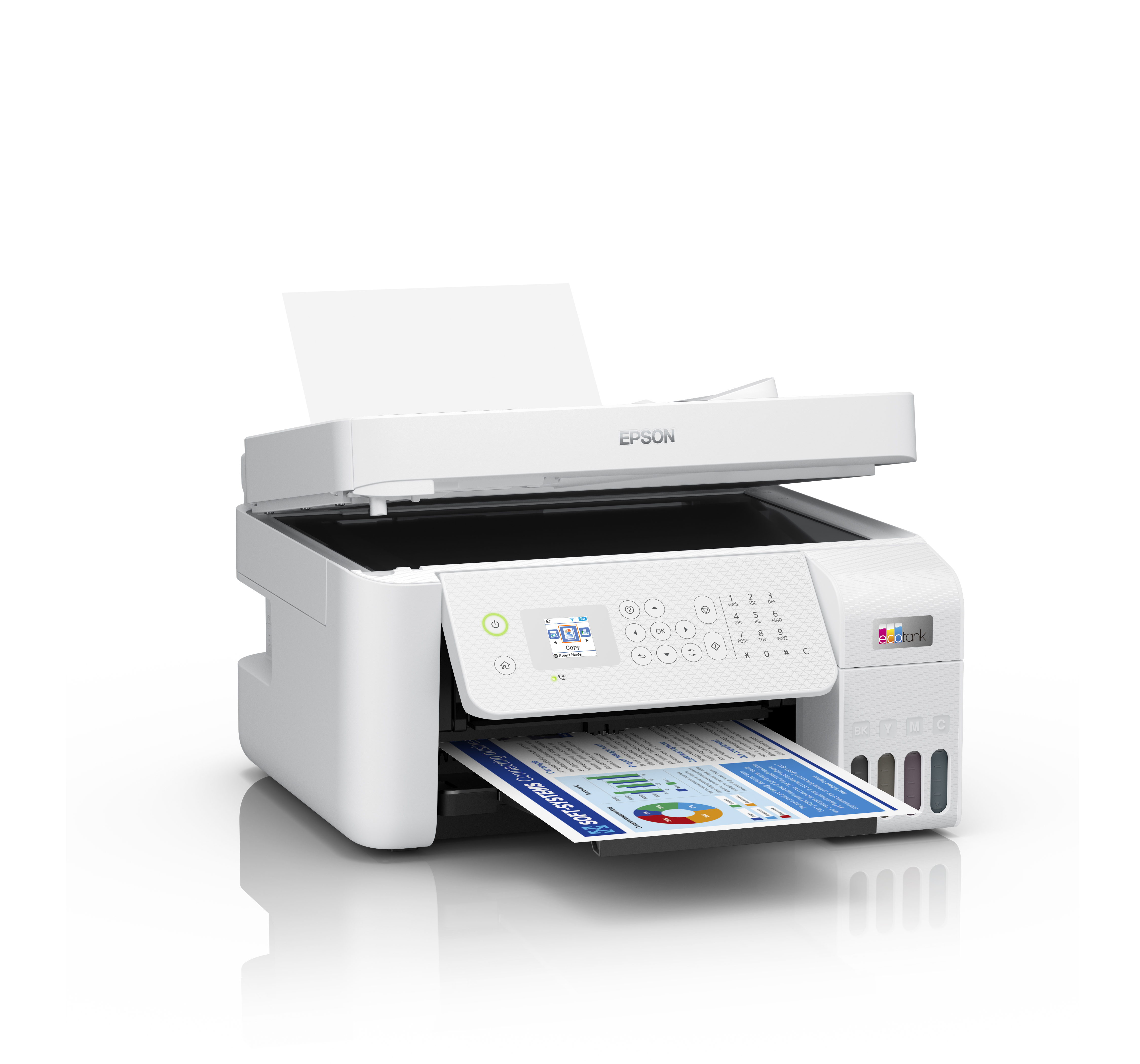Beyaz Epson yazıcı, kağıt çıkışı. Grafiklerle bir belge yazdırıyor.