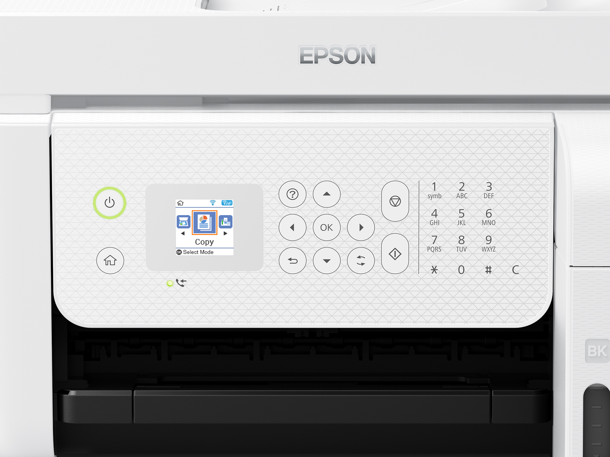 Düğmeler ve küçük bir ekran içeren beyaz bir Epson yazıcının kontrol panelinin yakın çekimi.