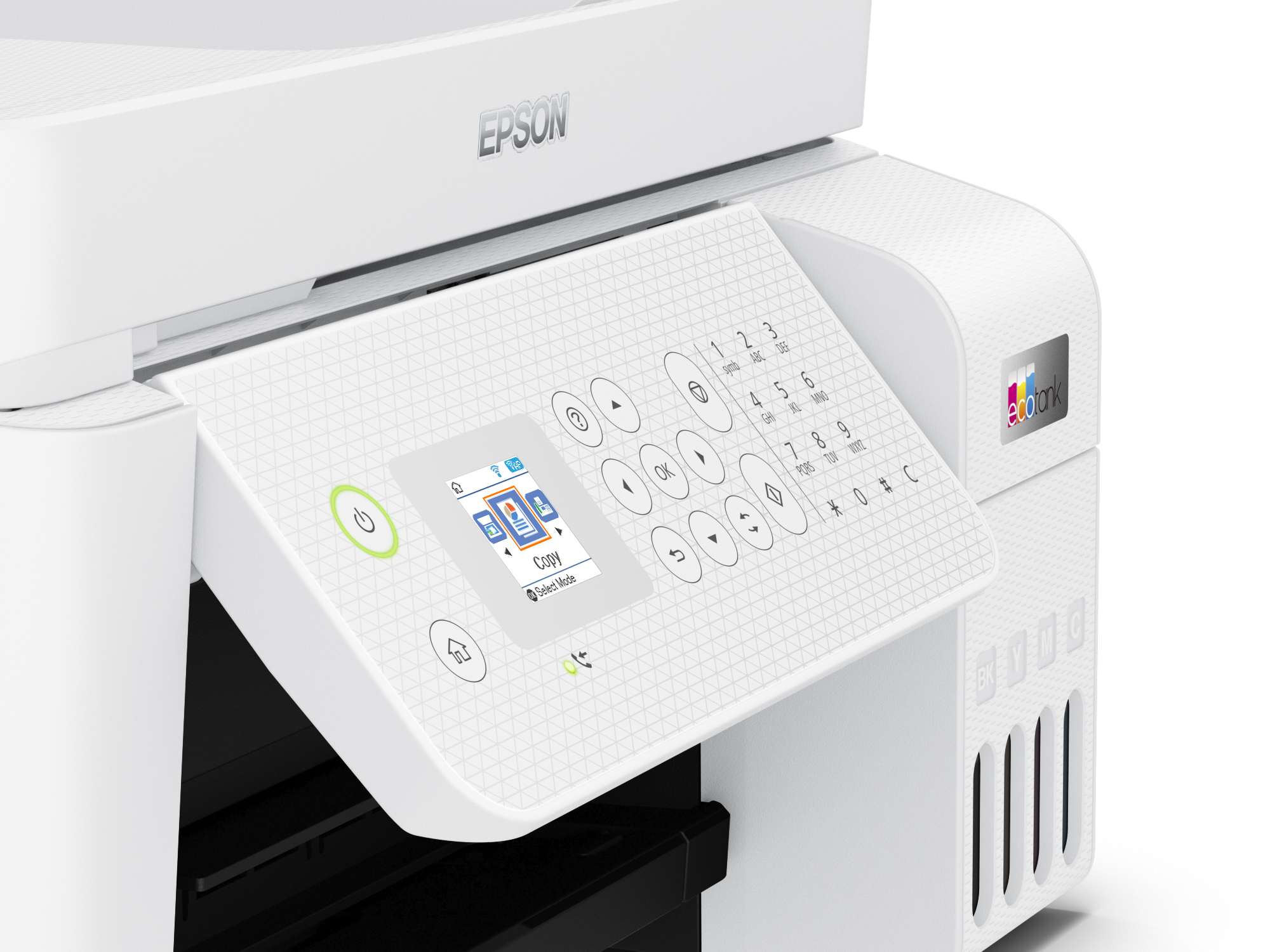 Epson yazıcısının düğmeler ve ekran içeren kontrol paneli, beyaz gövde, beyaz arka plan.