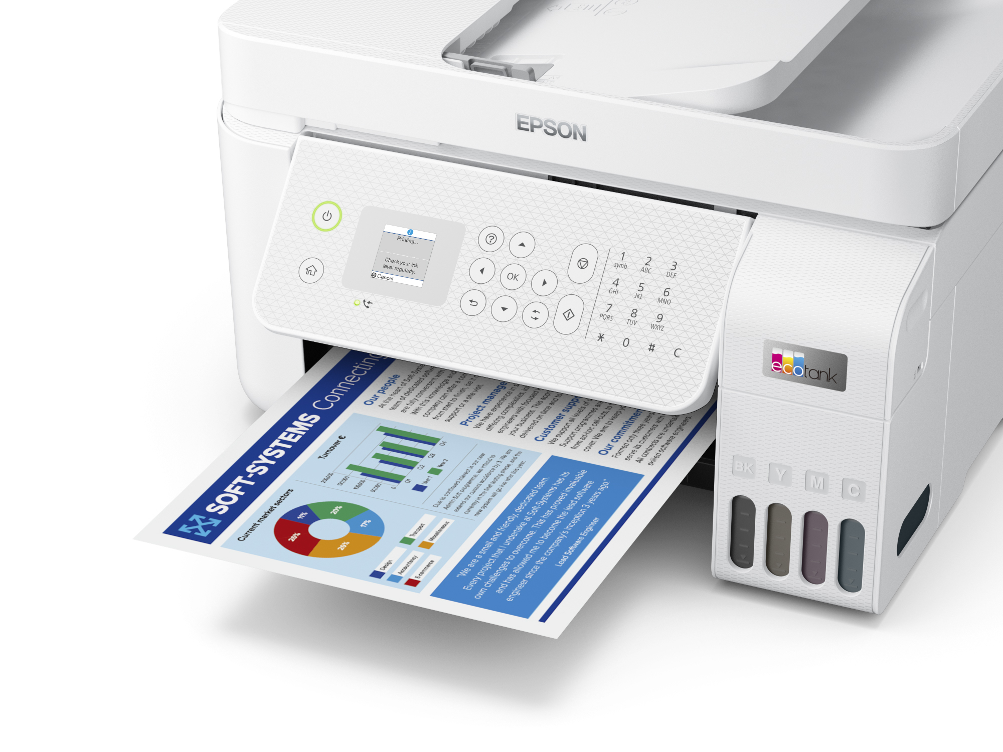 Epson yazıcı, grafik içeren bir belge yazdırıyor. Mürekkep tankları sağda görünüyor.