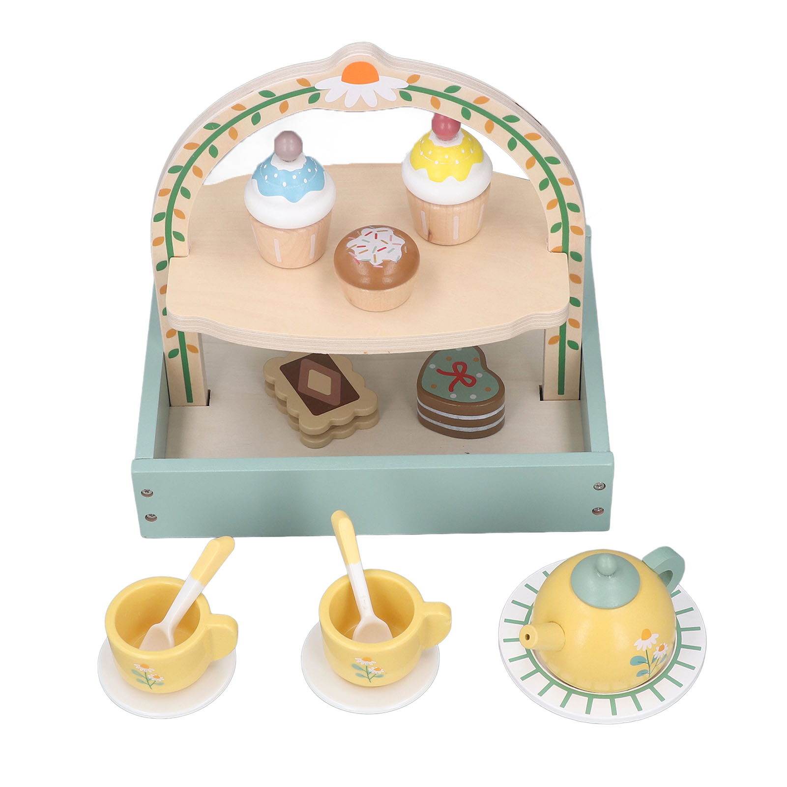 Holzspielzeug-Teeset mit mehrstöckigem Tablett, das Cupcakes und Gebäck, Tassen, Untertassen und Teekanne enthält.