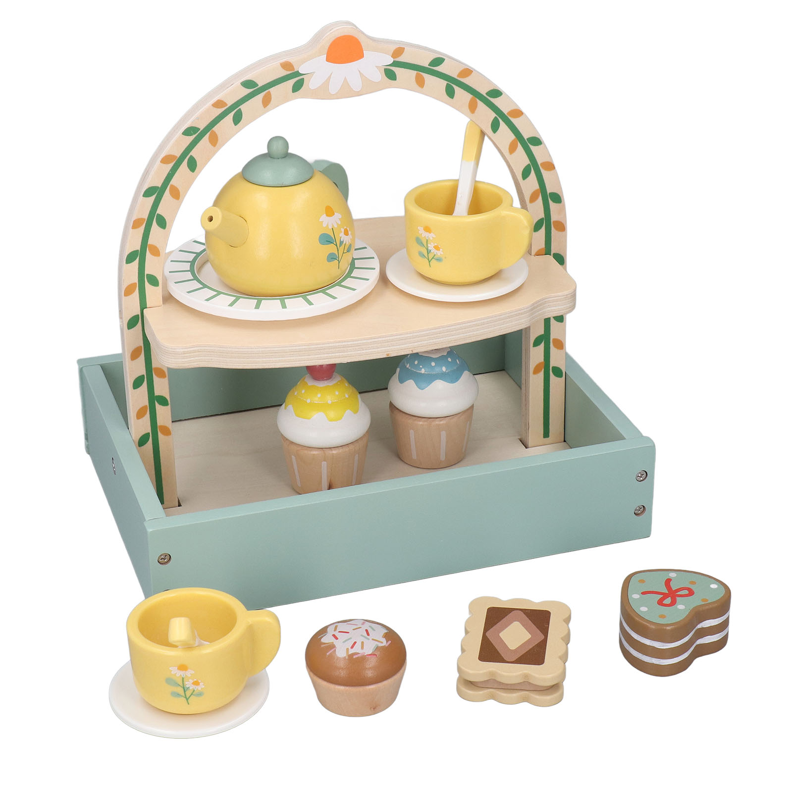 Holzspielzeug-Teeset mit gelber Teekanne, Tassen, Cupcakes und Keksen auf einem Tablett.