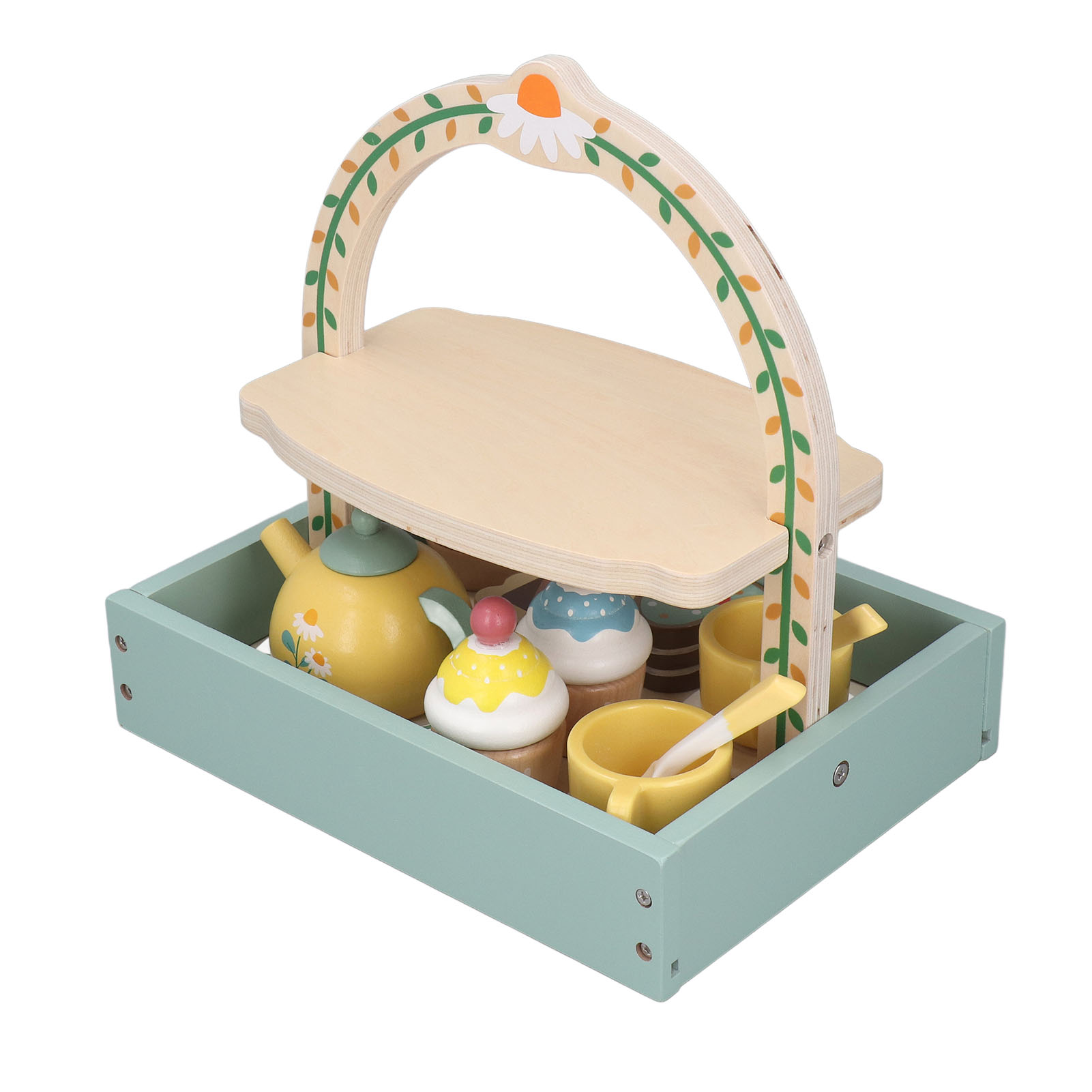 Hölzernes Spielzeug-Teeservice in einem Korb.