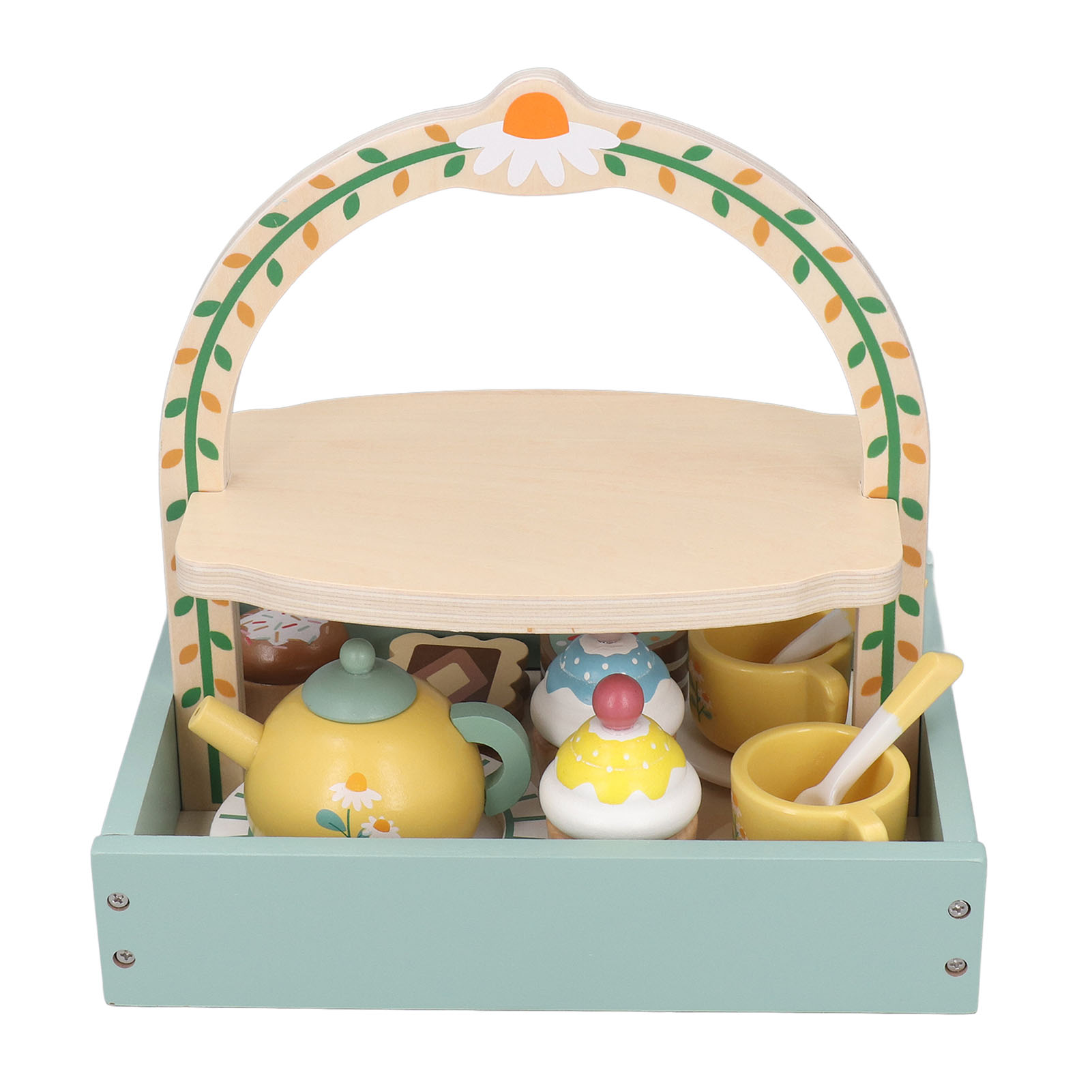 Hölzernes Spielzeug-Teeset. Enthält Tablett, Teekanne, Tassen und Cupcakes. Helle Farben.