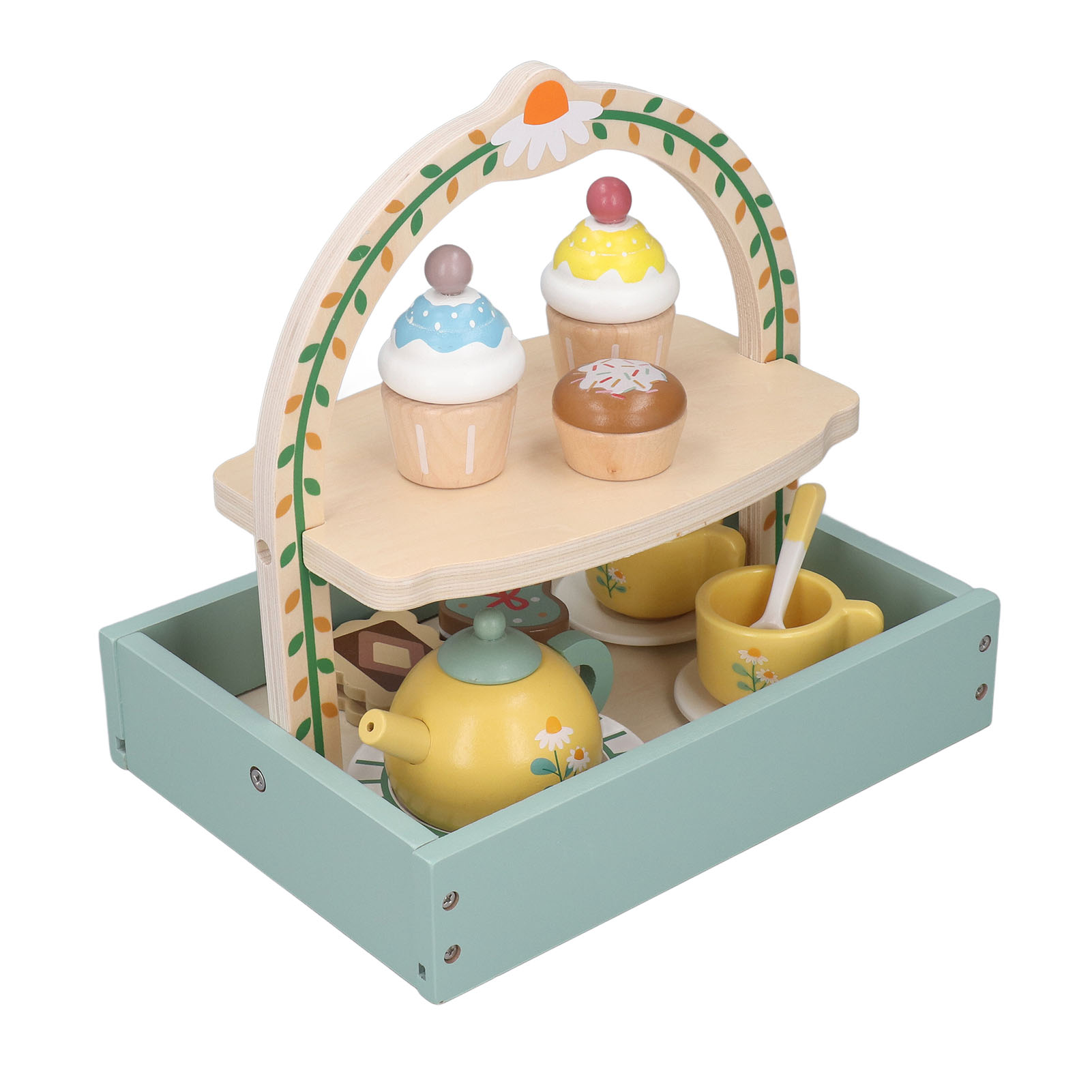 Ein Spielzeug-Teeservice mit Cupcakes, einer Teekanne, Tassen und einem Tablett, alles in Pastellfarben.