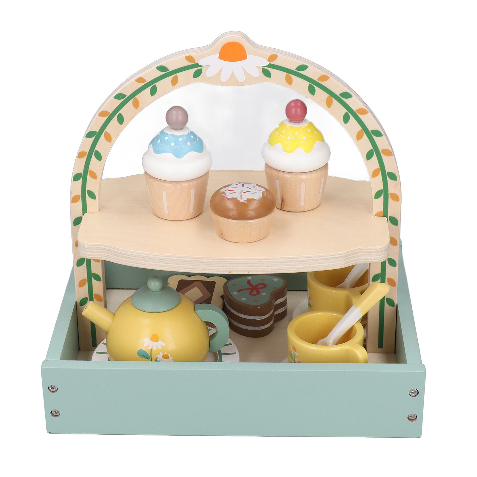Spielzeug-Teeservice mit Cupcakes, Teekanne und Keksen auf einem Tablett.