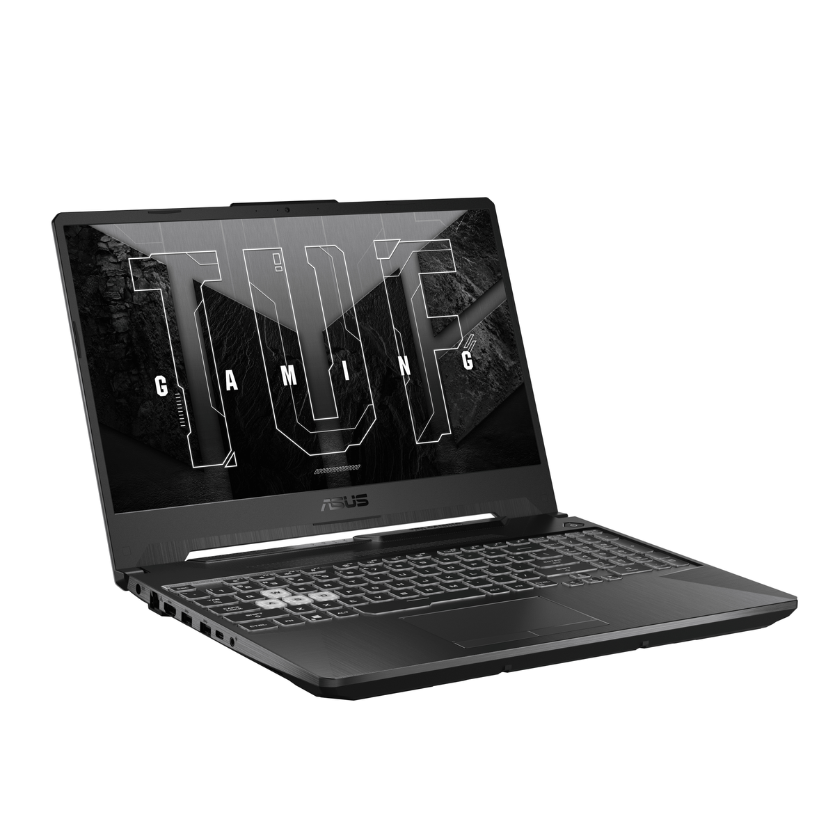 Czarny laptop, otwarty, pod kątem. Ekran mówi TUF. Klawiatura jest widoczna. Białe tło.