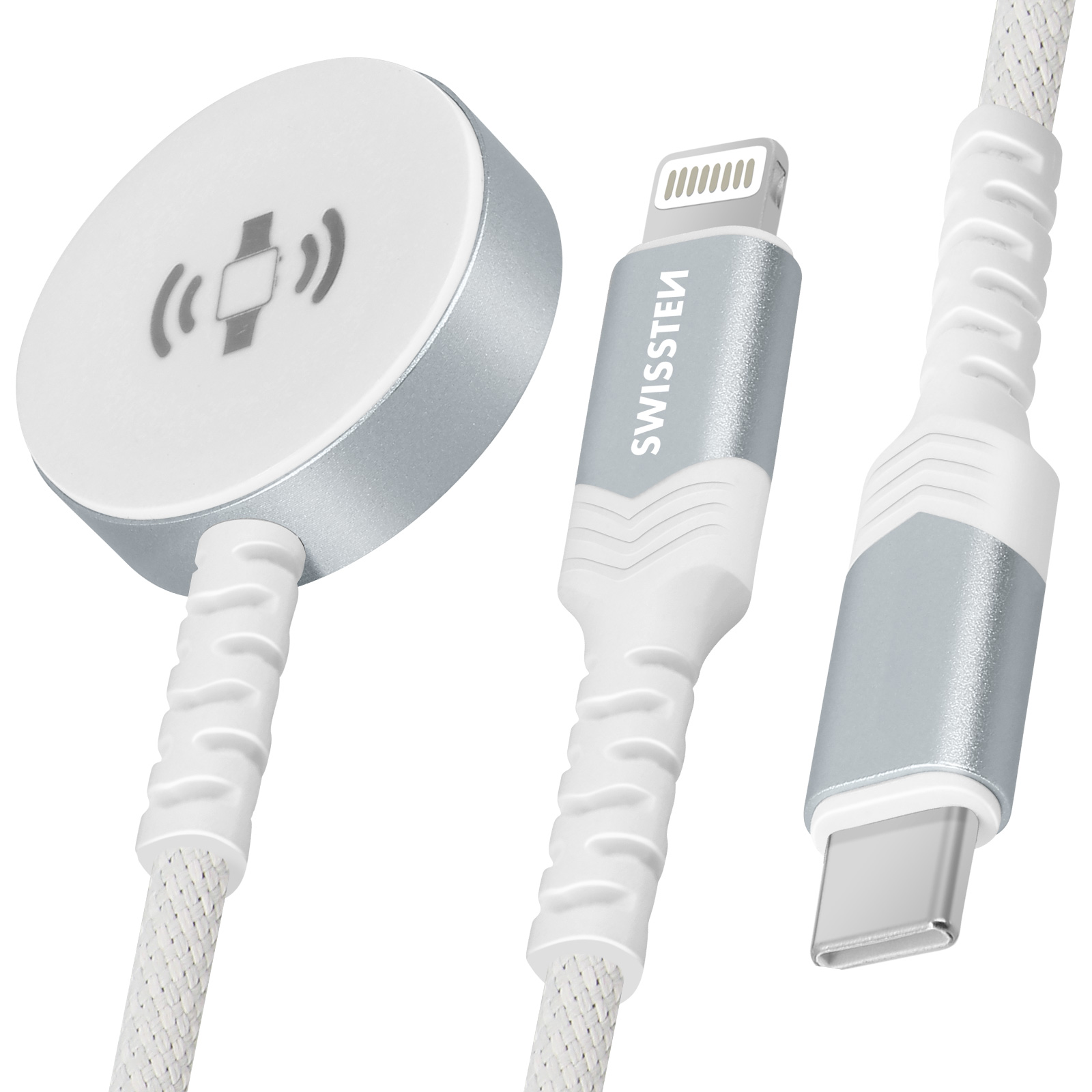 Câbles de chargement blancs avec différents connecteurs : Lightning d'Apple, USB-C et un socle de chargement sans fil.