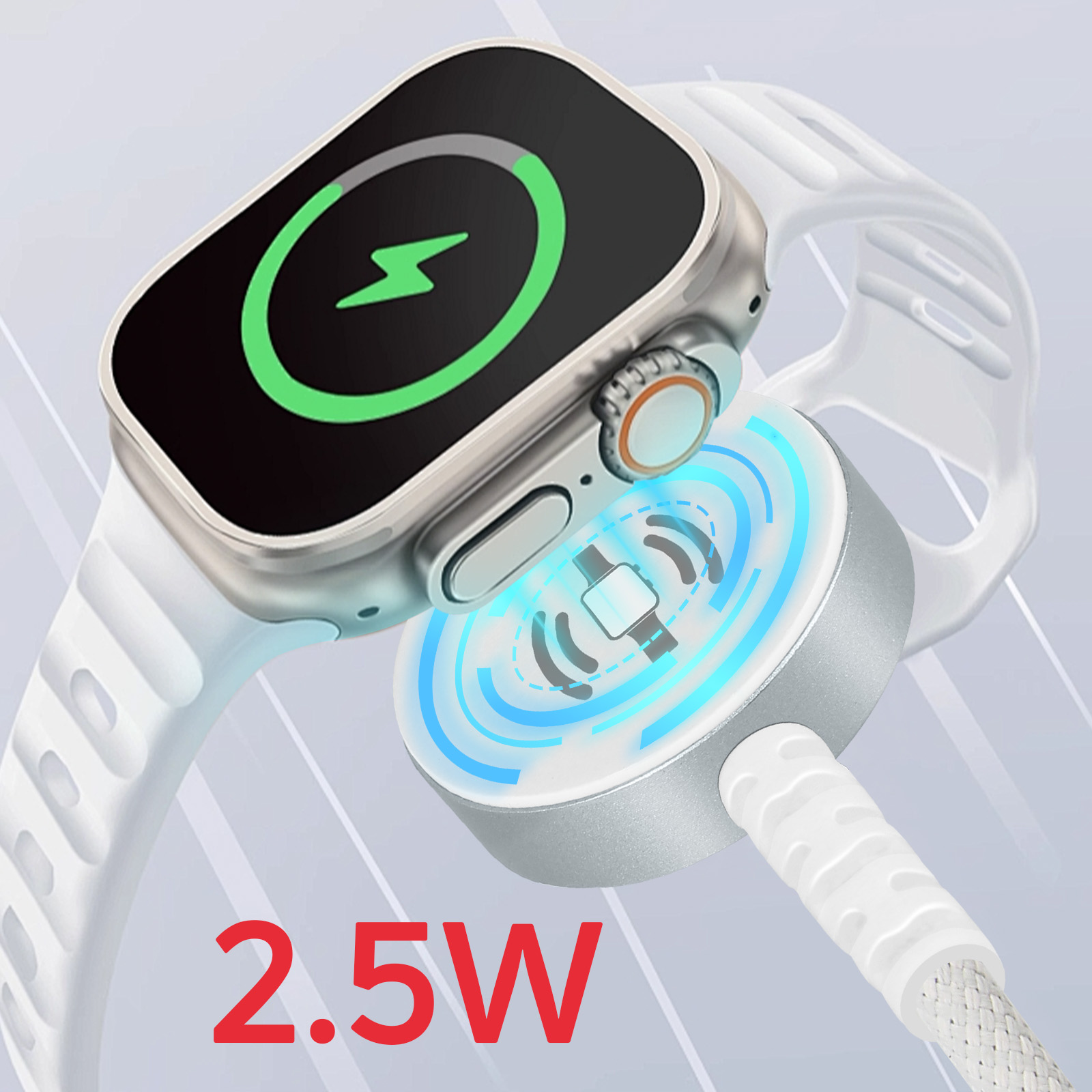 Apple Watch sur chargeur, en charge. Montre un éclair vert. Texte 2.5W.