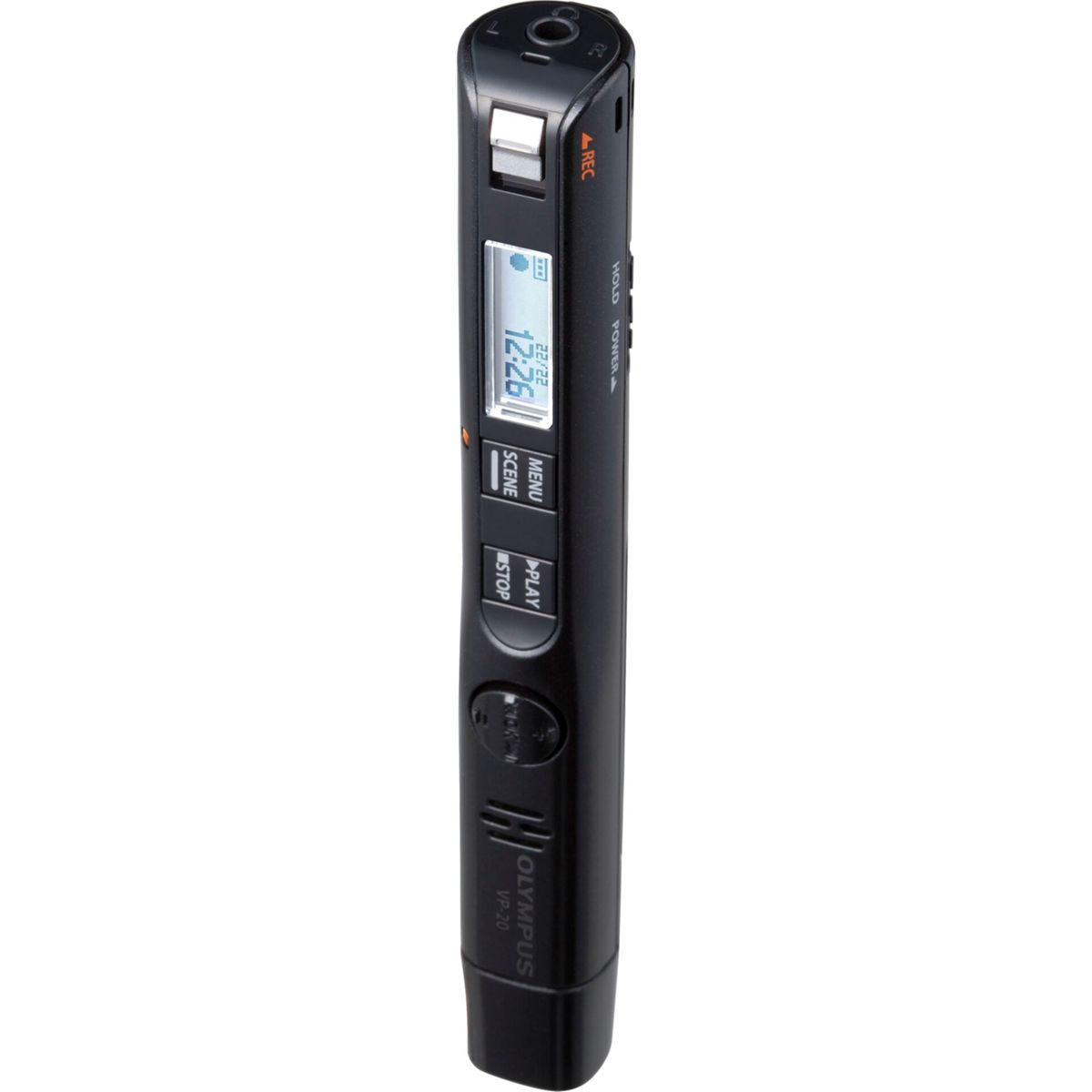 Czarny dyktafon Olympus VP-20, wysoki i smukły, z małym ekranem, na białym tle.
