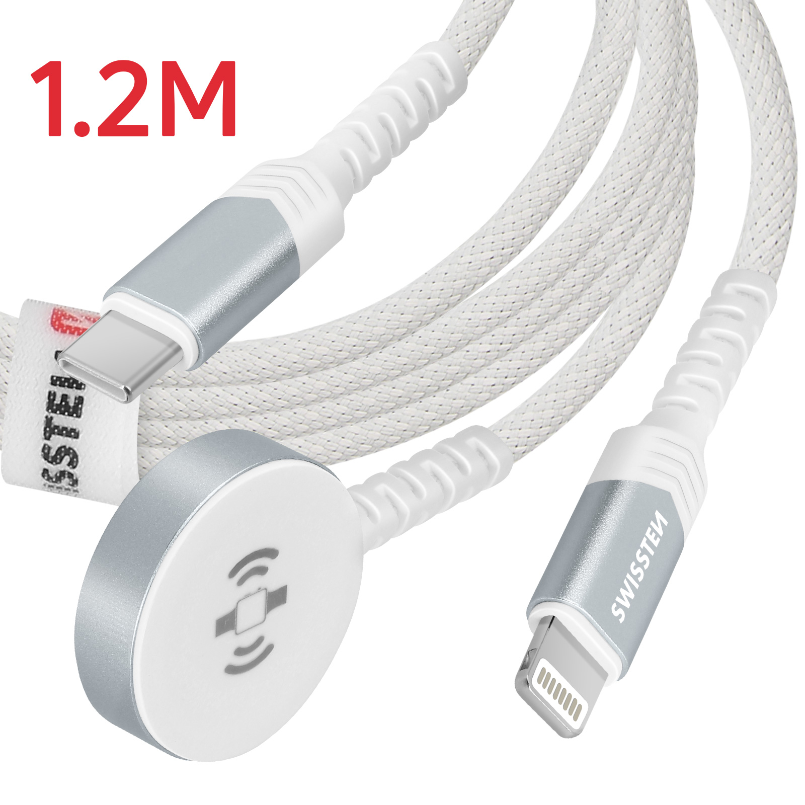 Câble de charge blanc avec connecteurs USB-C et Lightning, et un socle de charge circulaire.