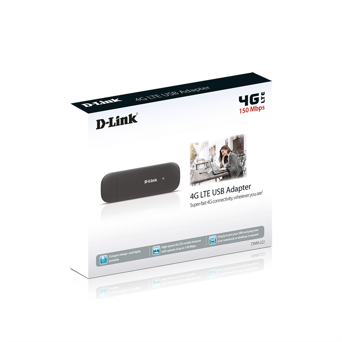 Caja del adaptador USB D-Link 4G LTE. La caja muestra el adaptador y la imagen de una mujer usando Internet.