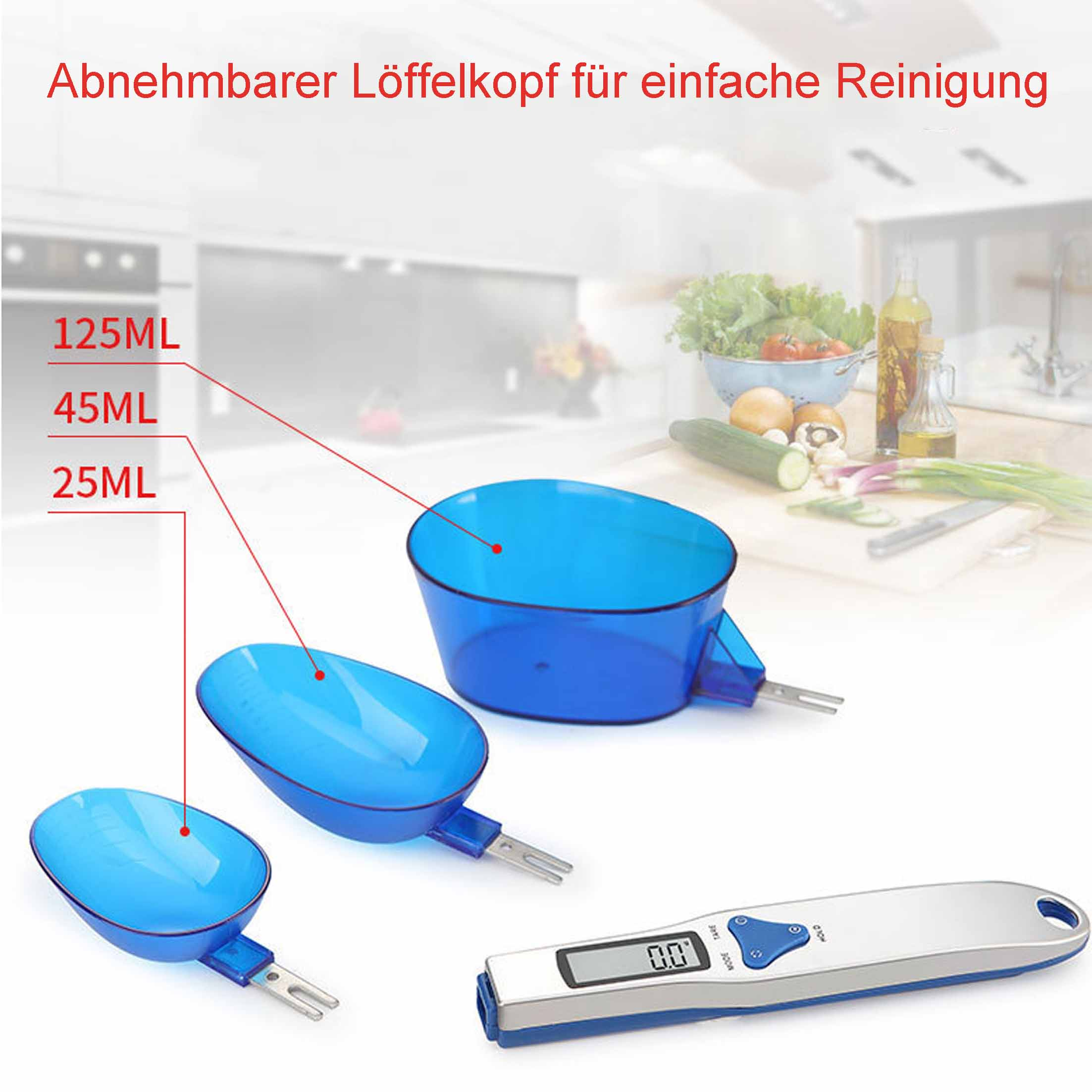 Blaue Messlöffel und Digitalwaage mit Text.