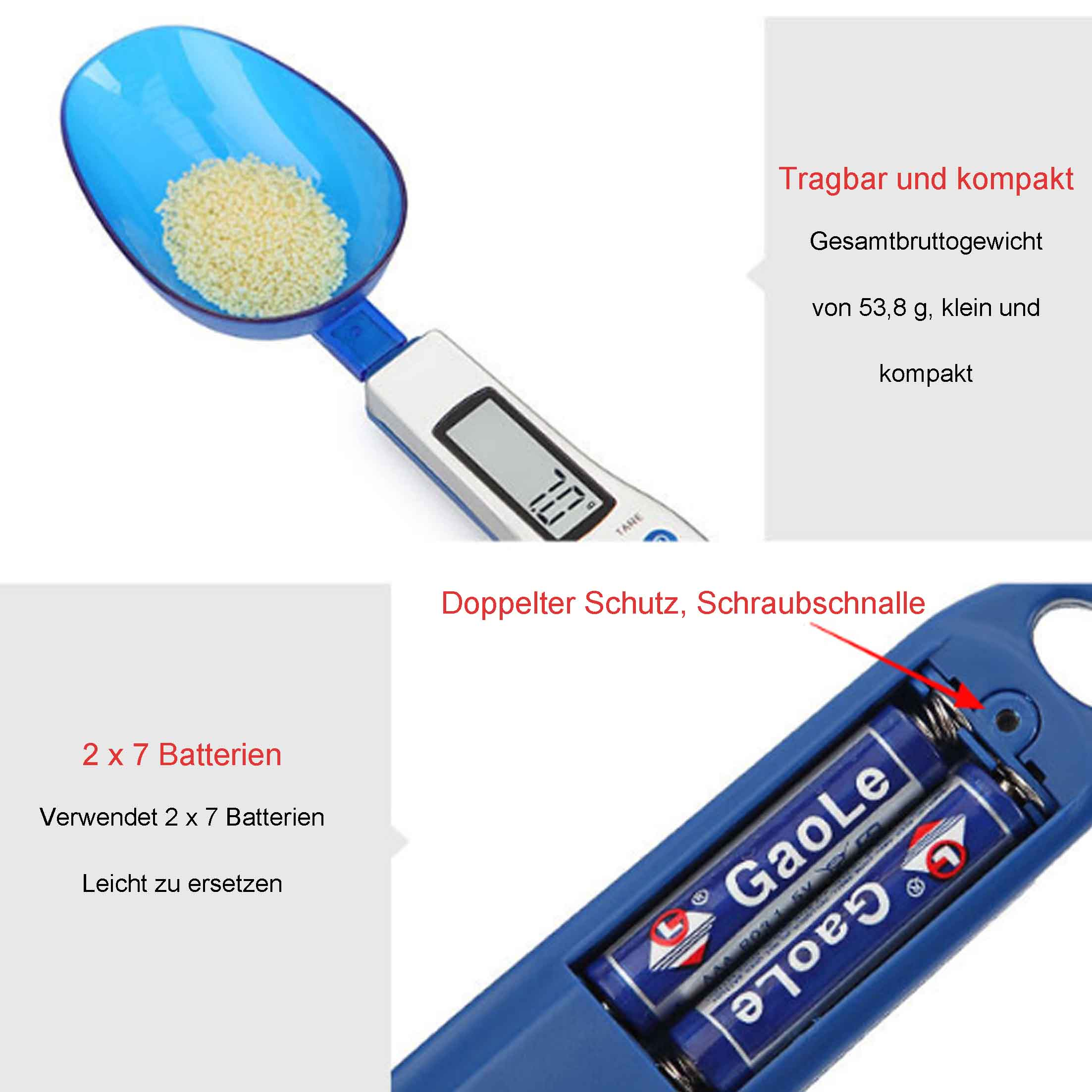 Digitale Löffelwaage mit Batterien. Löffel hat einen blauen Messlöffel mit kleinen Körnern.