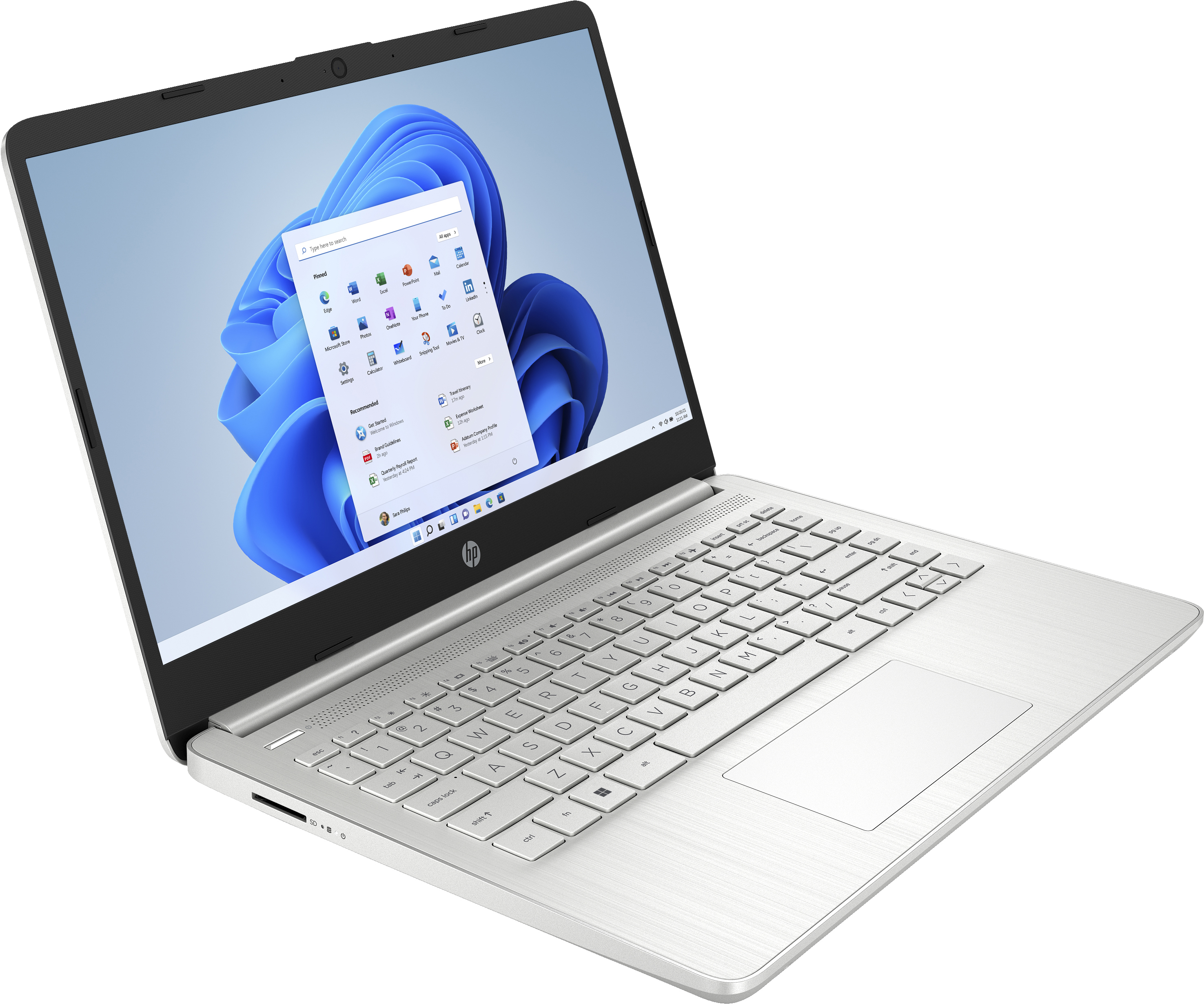 Silberner Laptop, offen, Bildschirm mit Windows-Symbolen, weiße Tastatur, weißer Hintergrund.