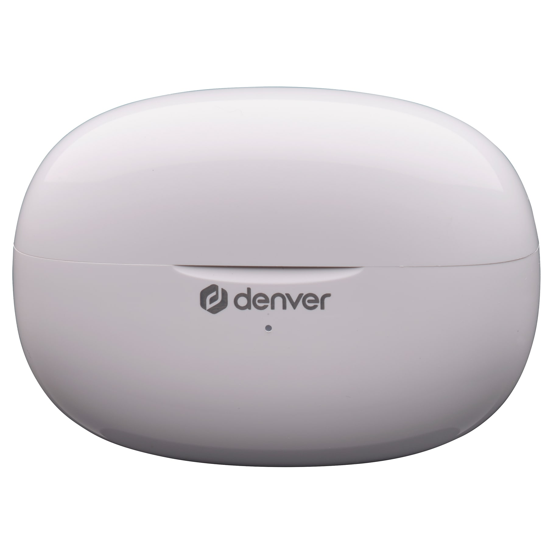 Weißes Denver-Ohrhörer-Ladeetui. Denver-Logo oben.