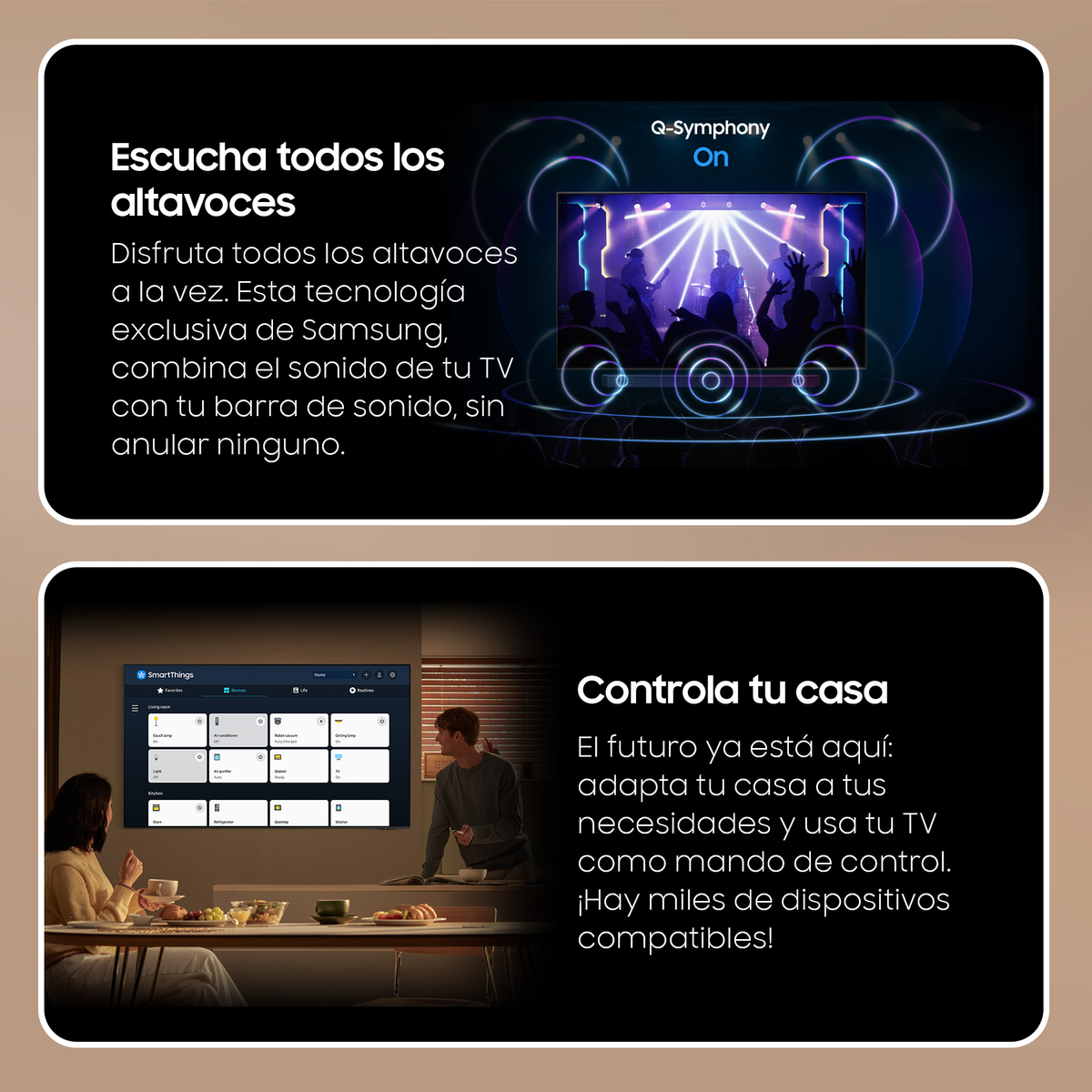 Dwa panele z tekstem i obrazami o produktach Samsung, jeden o audio TV, drugi o kontroli domu.
