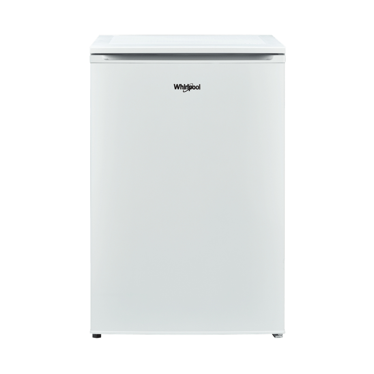 Frigorifero Whirlpool bianco, vista frontale. Design semplice, sfondo bianco.