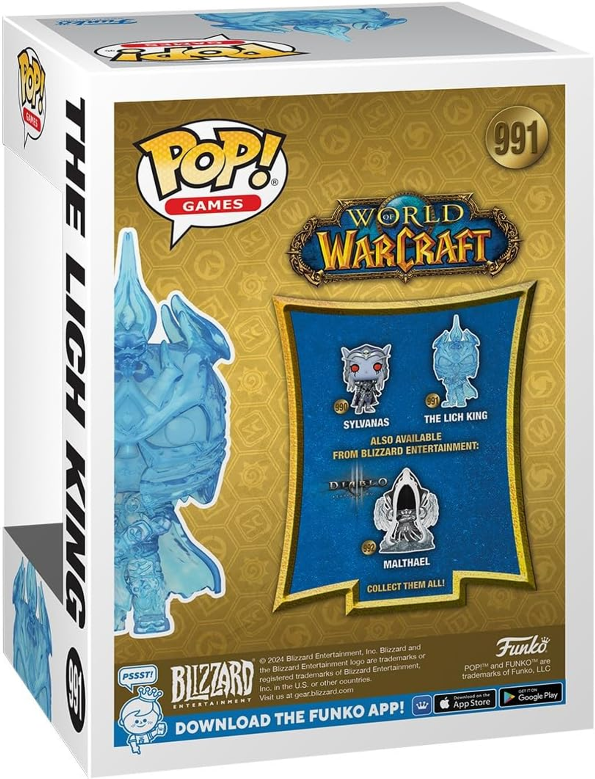 Caja Funko Pop con The Lich King. Muestra figuras de Sylvanas, The Lich King y Malthael.