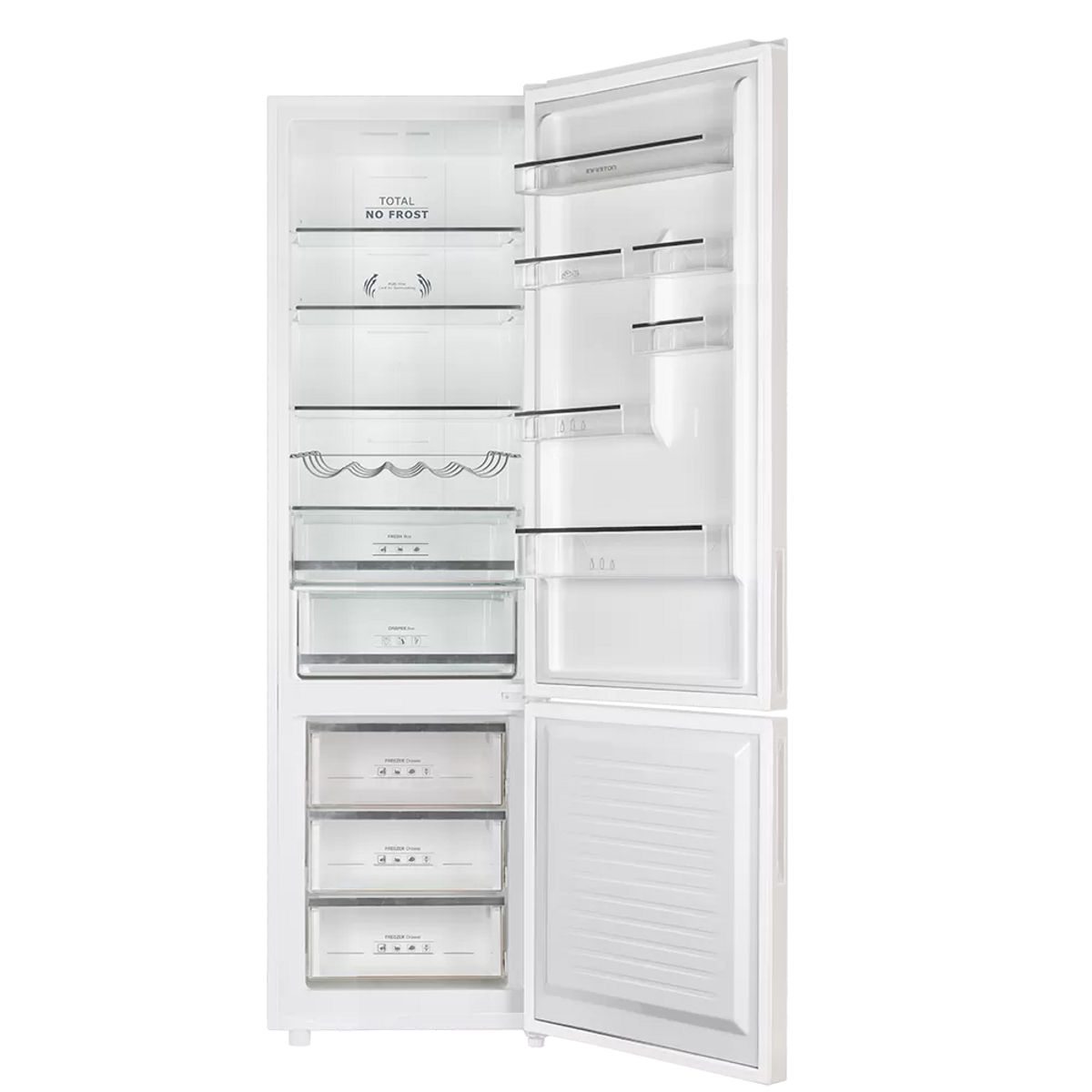 Refrigerador blanco con puertas abiertas. Estantes, cajones y congelador en el interior.
