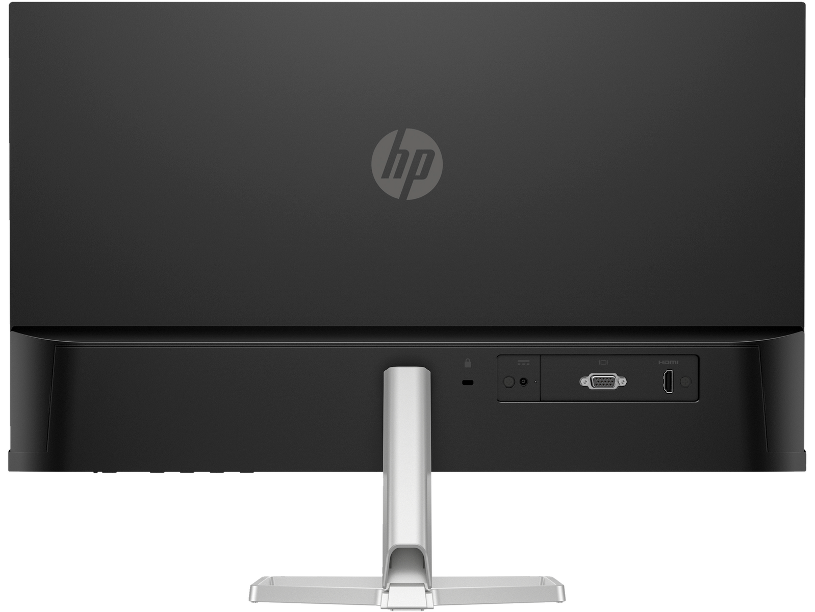 Widok z tyłu monitora HP z portami. Ma czarny tył i białą podstawę.