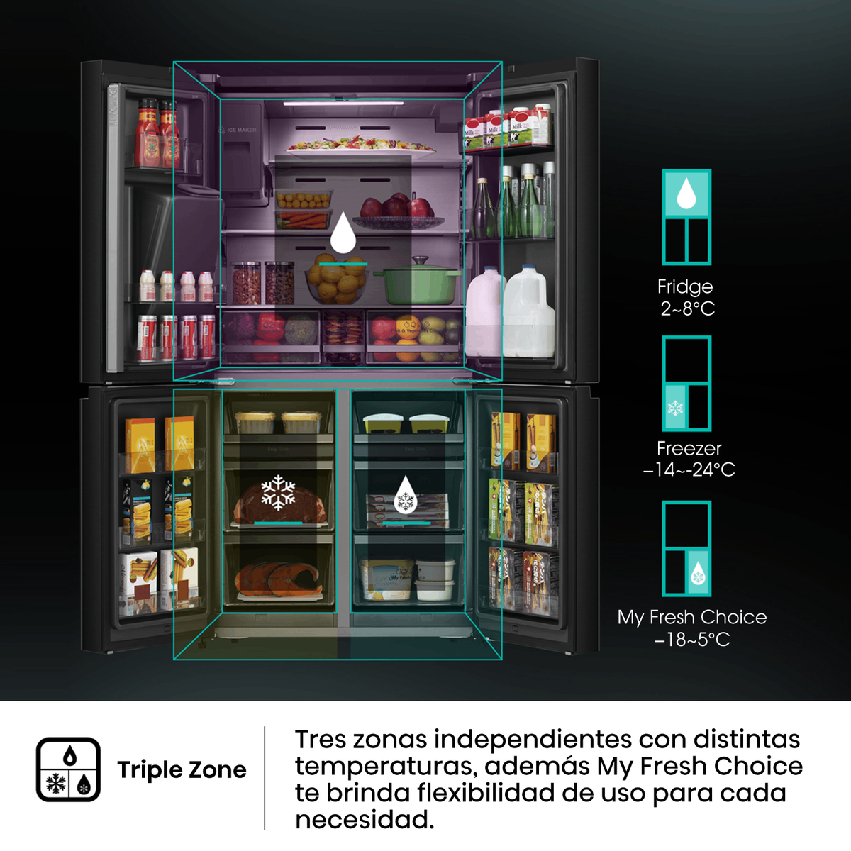 Frigorifero aperto con cibo dentro. Mostra zone frigo, freezer e My Fresh Choice.