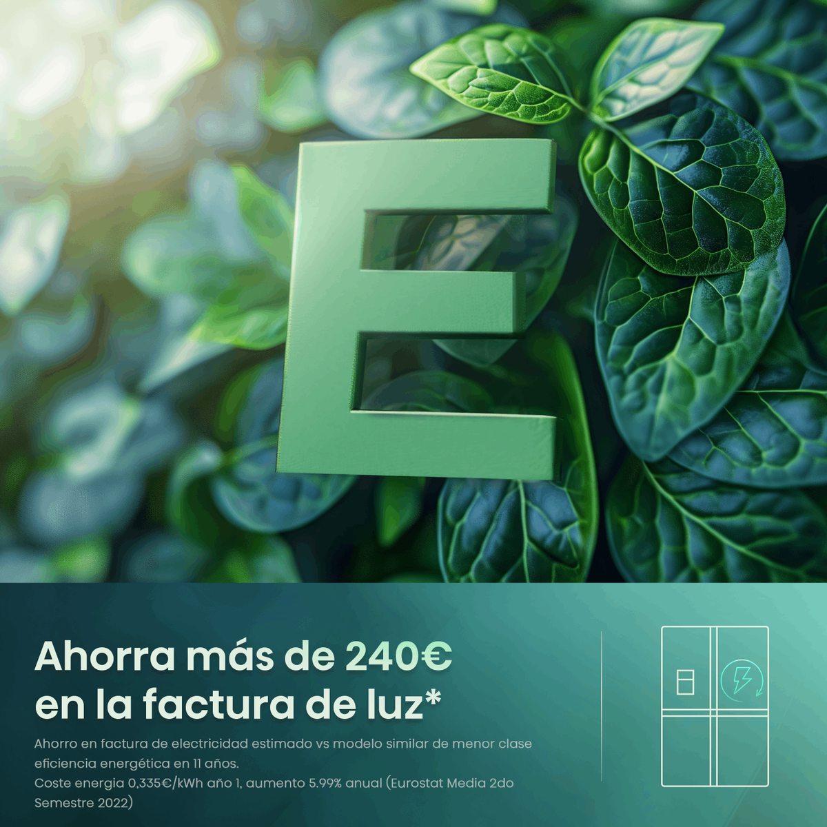 Logo 'E' verde con foglie. Il testo dice risparmi sulla bolletta elettrica.