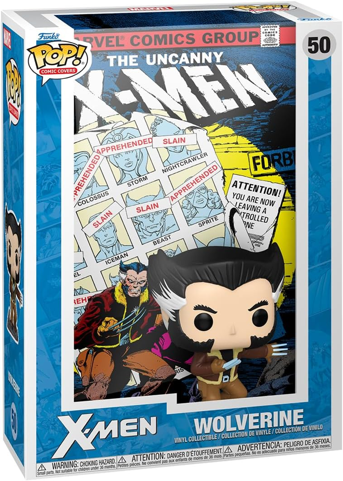 Scatola Funko Pop con Wolverine di X-Men. Artwork della scatola in stile fumetto e figura di Wolverine.