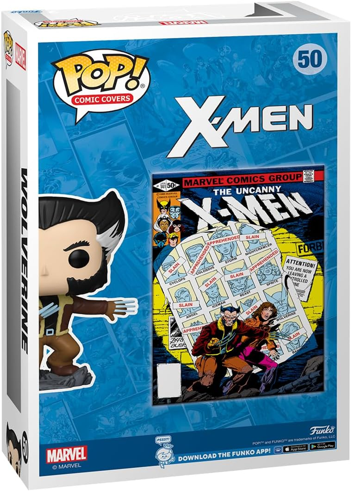 Scatola Funko Pop con figura di Wolverine e copertina del fumetto. La scatola è bianca con grafica colorata.