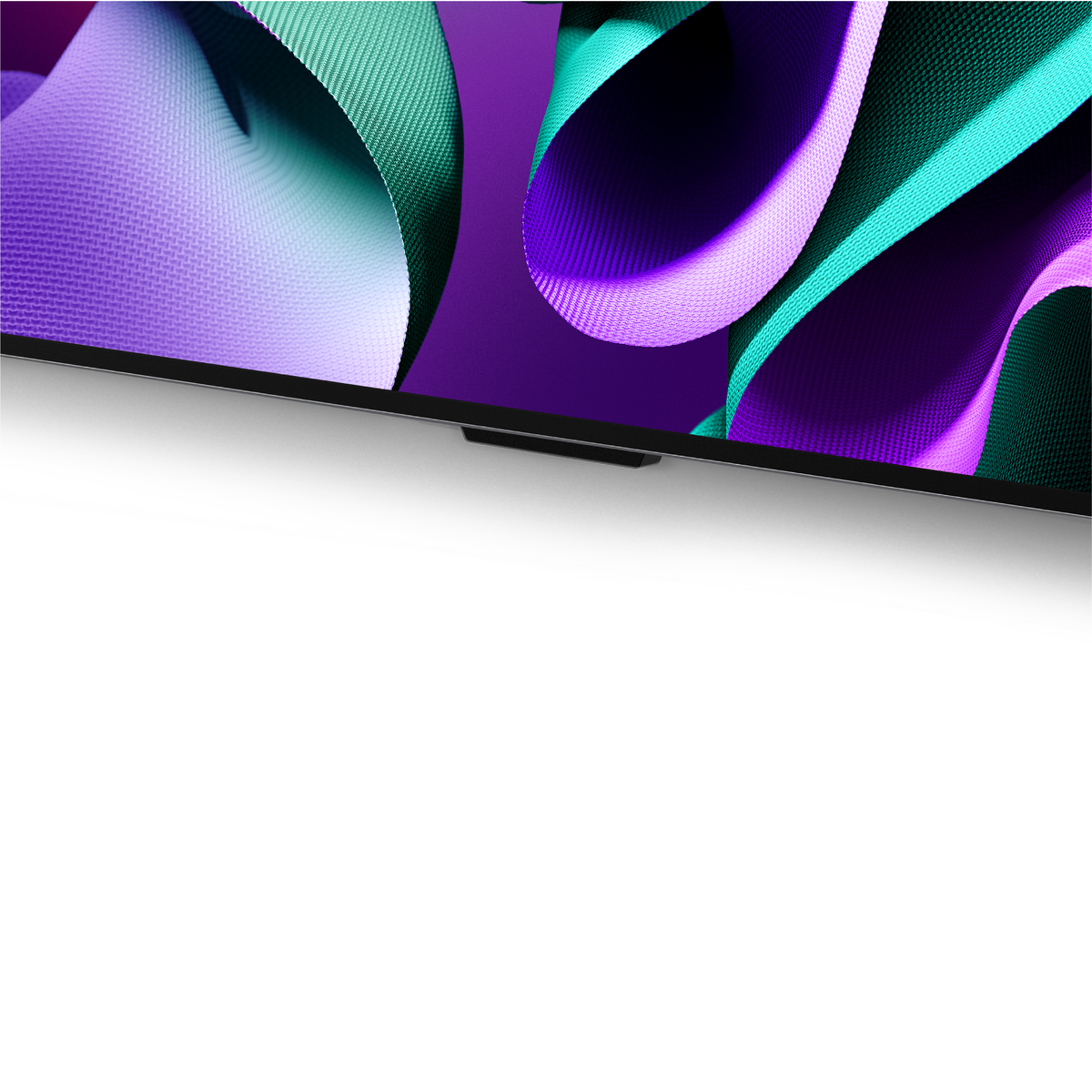 Een tv-scherm met een kleurrijk abstract ontwerp, zwarte lijst, witte achtergrond.
