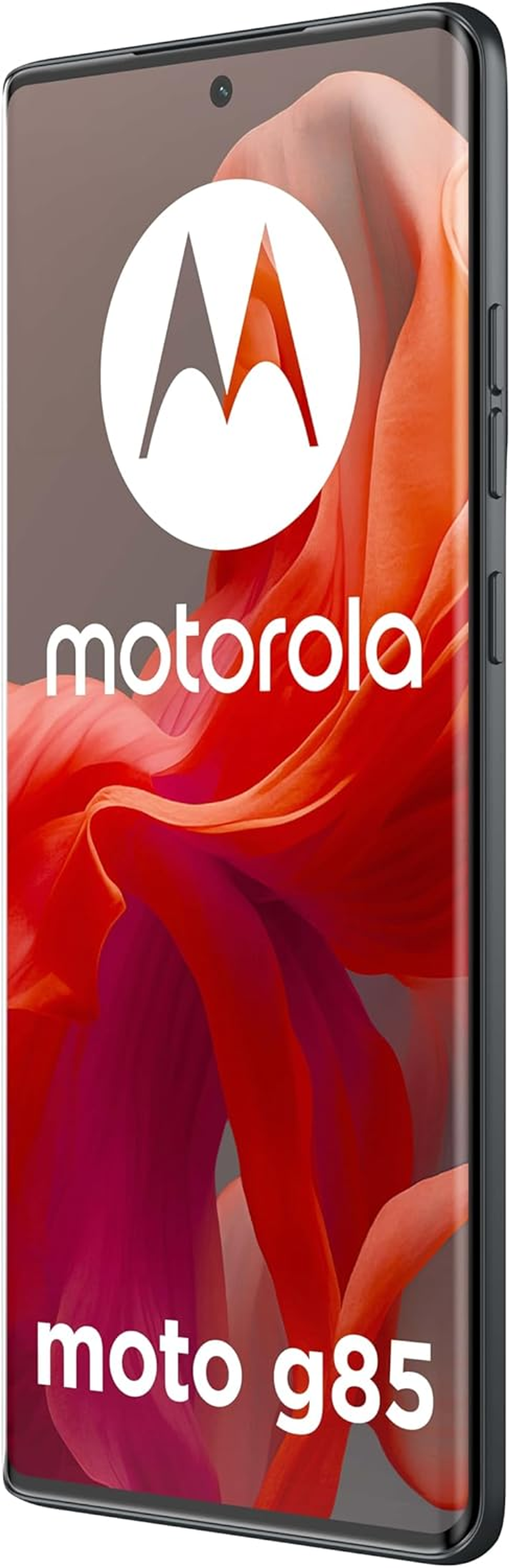Schwarzes Motorola-Telefon mit rotem und weißem Hintergrund. Das Telefon ist nach rechts geneigt.