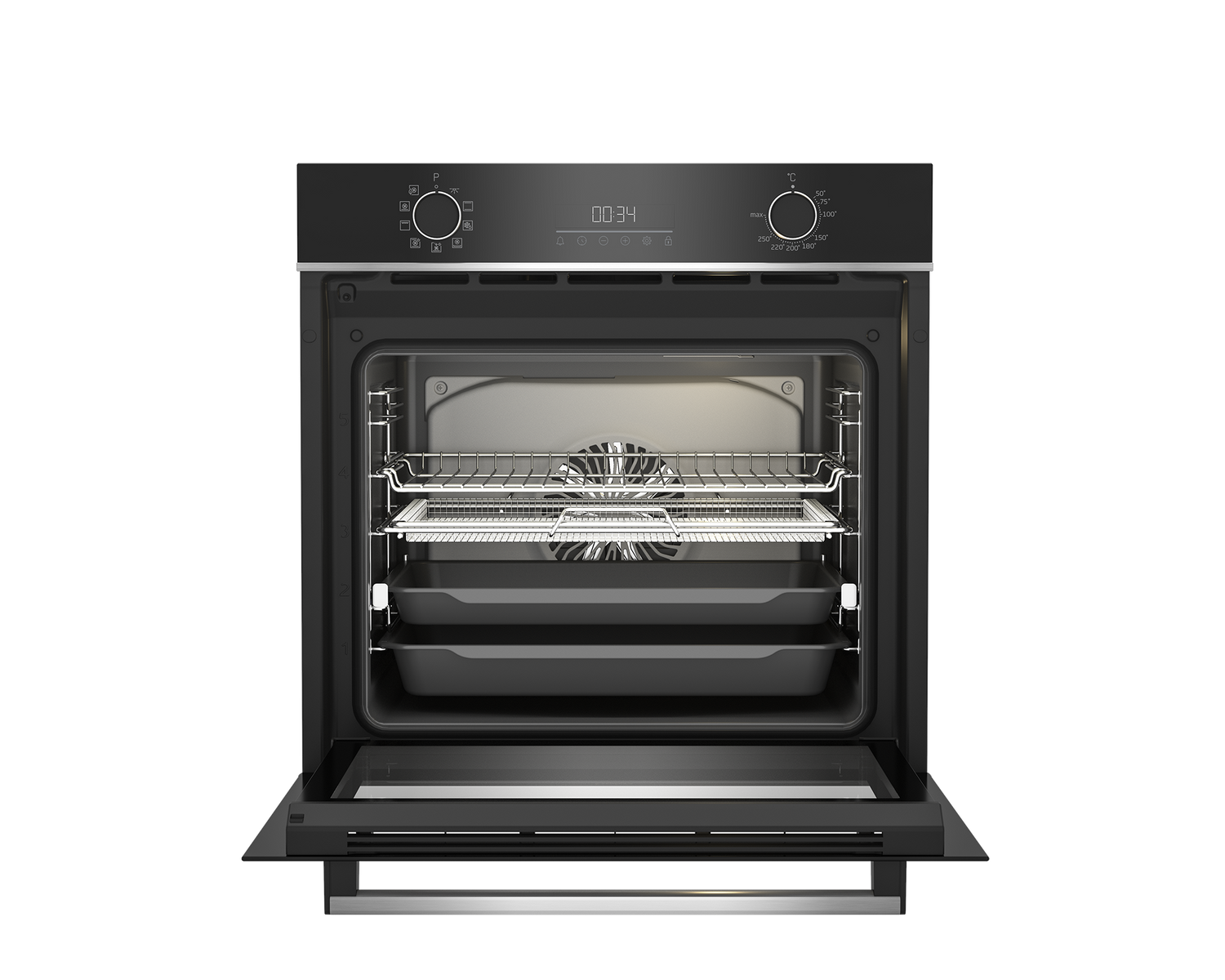 Horno negro, puerta abierta. Interior con rejillas. Pantalla digital 00:34. Perillas arriba.