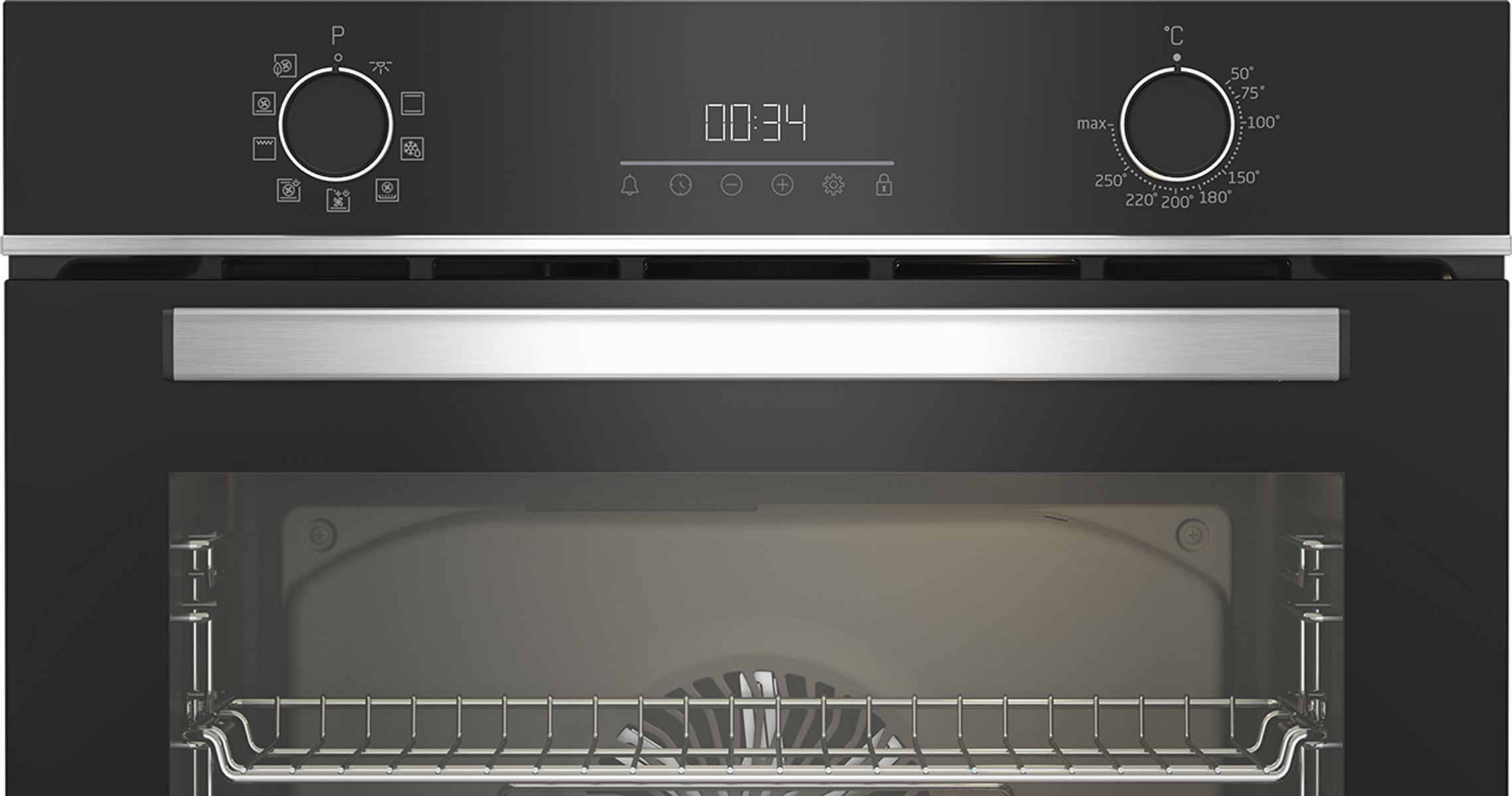 Primer plano del panel de control del horno. Muestra la hora y perillas.